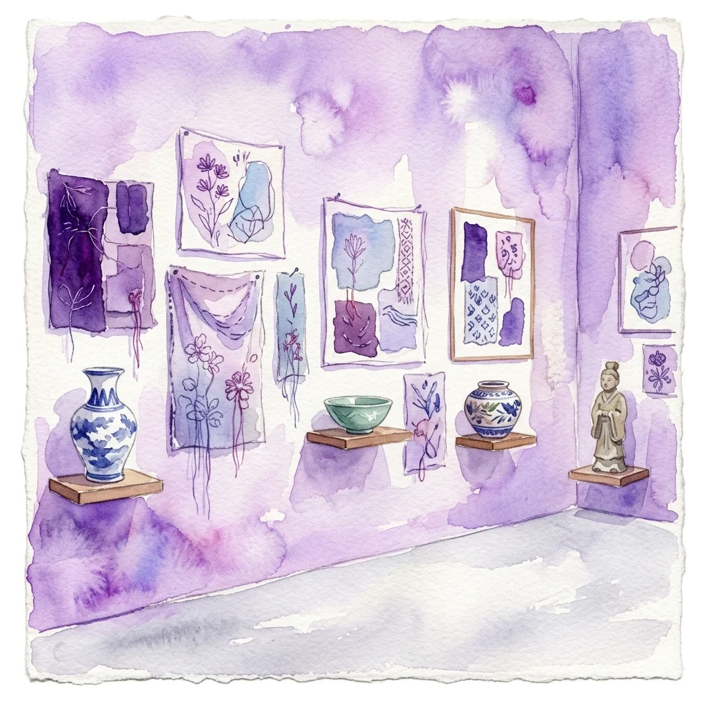 Ilustración en acuarela de una pared de galería en tonos violetas, con obras textiles bordadas y dibujos a punto junto a un jarrón de porcelana azul y blanca, un cuenco de celadón, una vasija de cerámica y una pequeña figura sobre estantes de madera.