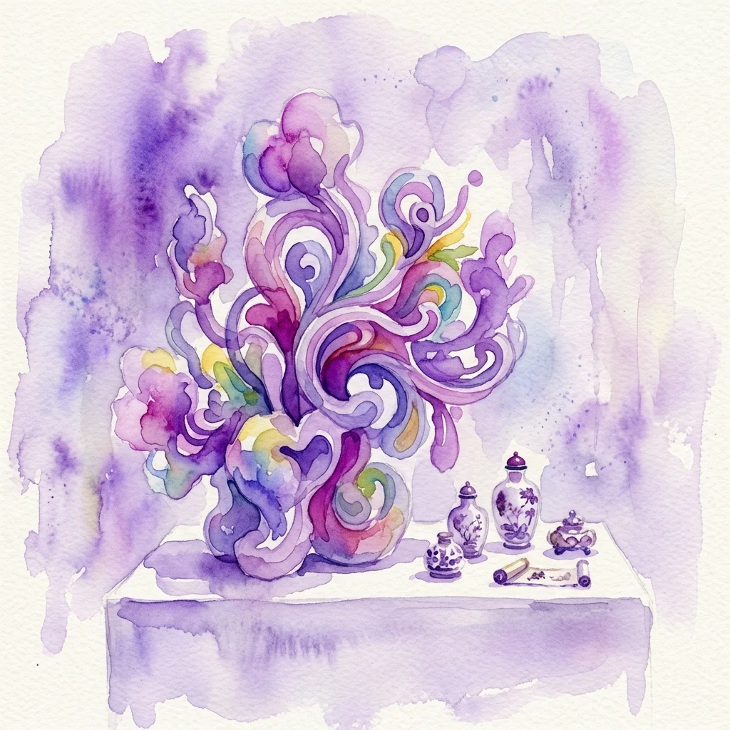 Watercolor illustration of a colorful, intricately swirling sculpture in purple, pink, and green atop a white pedestal, displayed with traditional blue-and-white snuff bottles and Asian artifacts.