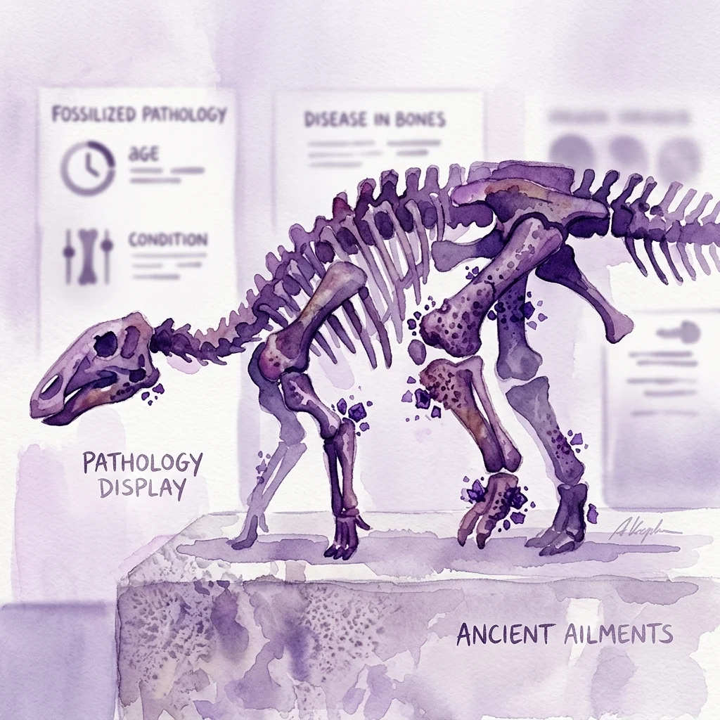 Ilustración en acuarela de un esqueleto de dinosaurio fosilizado que muestra signos de enfermedad y envejecimiento, expuesto en una exhibición de museo con señalización educativa sobre patología fosilizada y enfermedades en huesos.