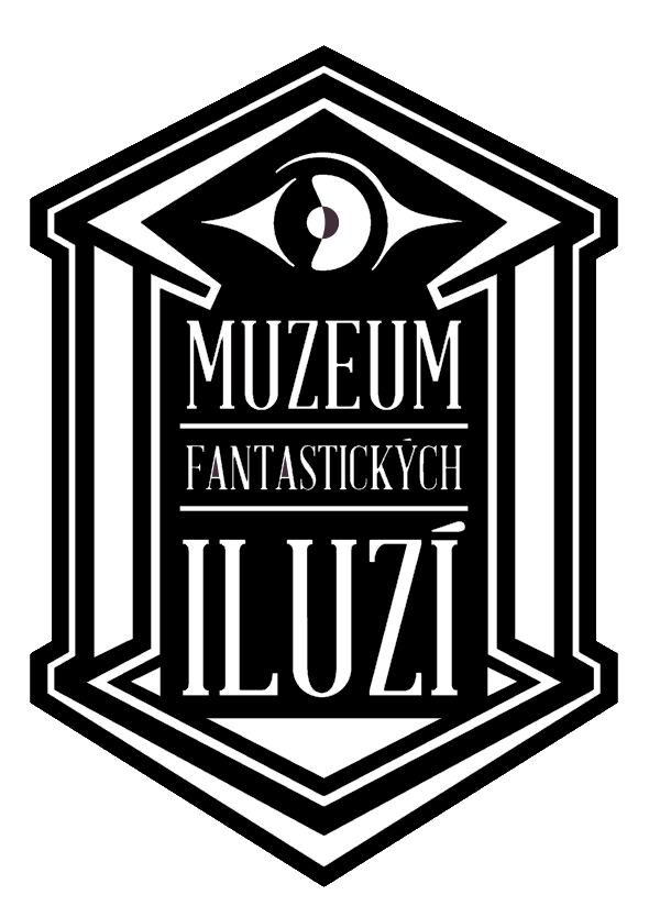 Białe logo Muzeum Fantastycznych Iluzji z symbolem oka i tekstem na czarnym tle