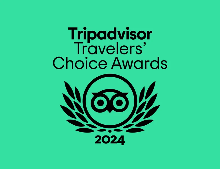 Czarno-zielone logo Tripadvisor Travelers' Choice Awards 2024 na zielonym tle