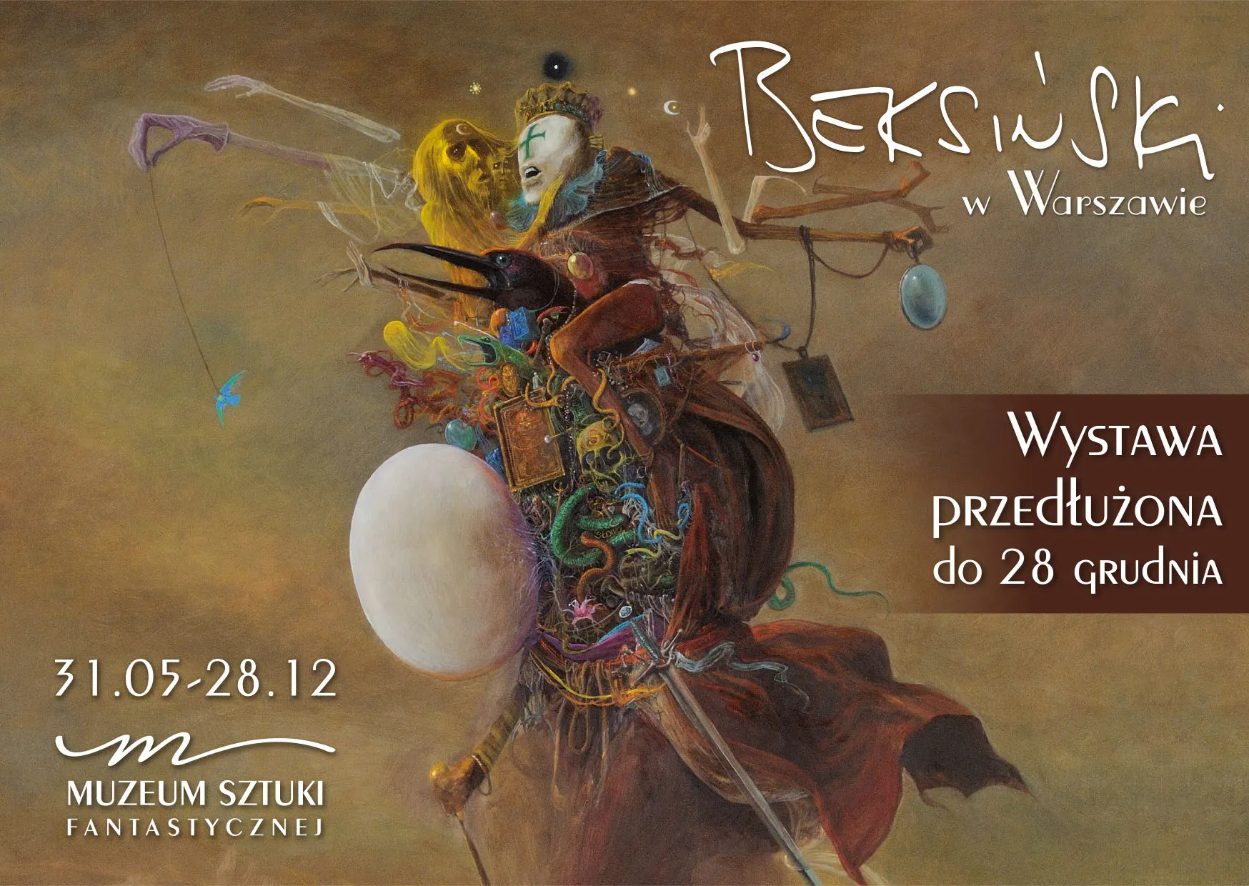 Surrealistische fantasy-kunst met een centrale figuur in sierlijke, vloeiende kleding met een masker, omringd door symbolische objecten, waaronder een grote witte bol en diverse gereedschappen, met tekst die een tentoonstelling in het Museum voor Fantasiekunst aangeeft.