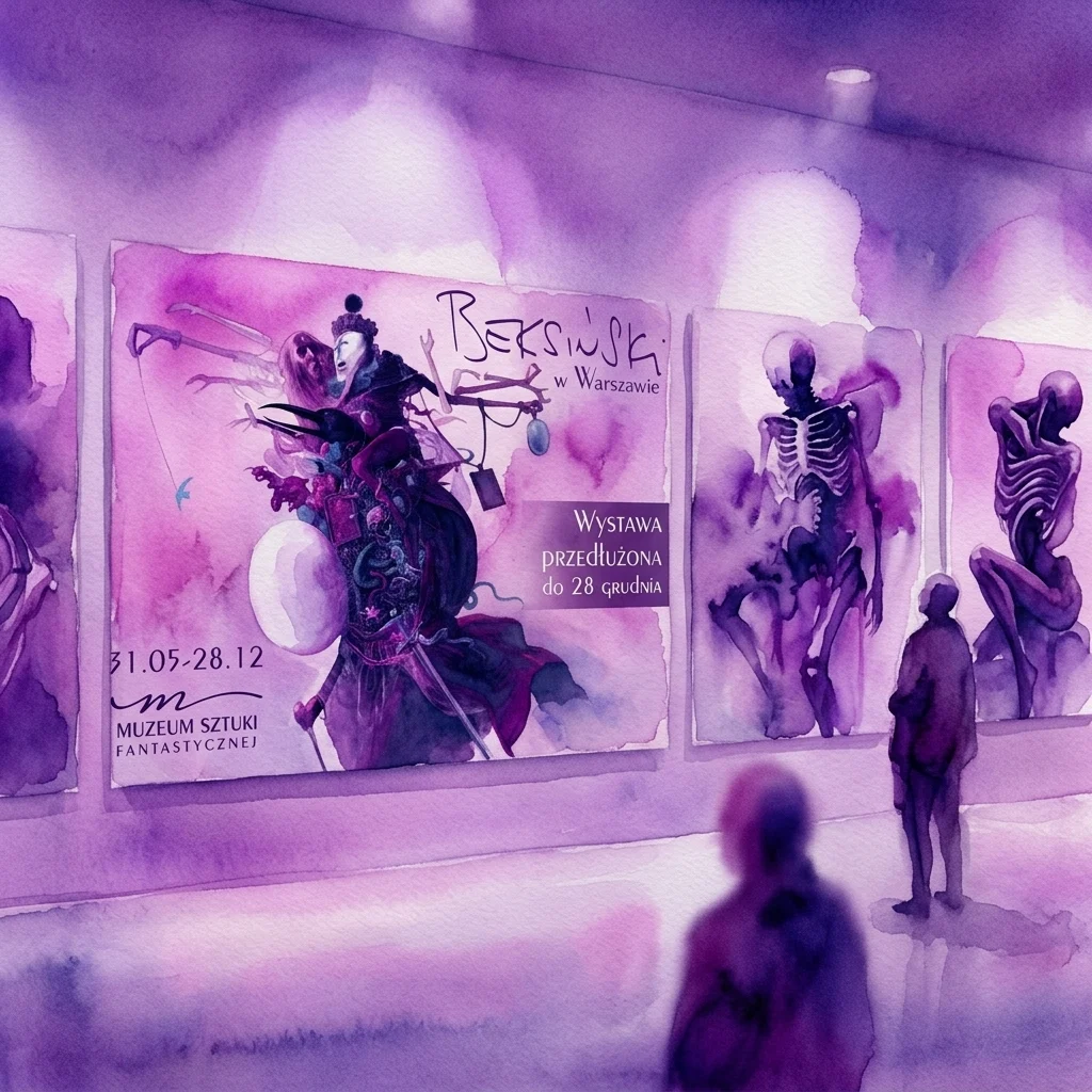 A watercolor-style illustration of an art gallery featuring surreal and dystopian paintings by Zdzisław Beksiński, with visitors observing the works under purple lighting.
