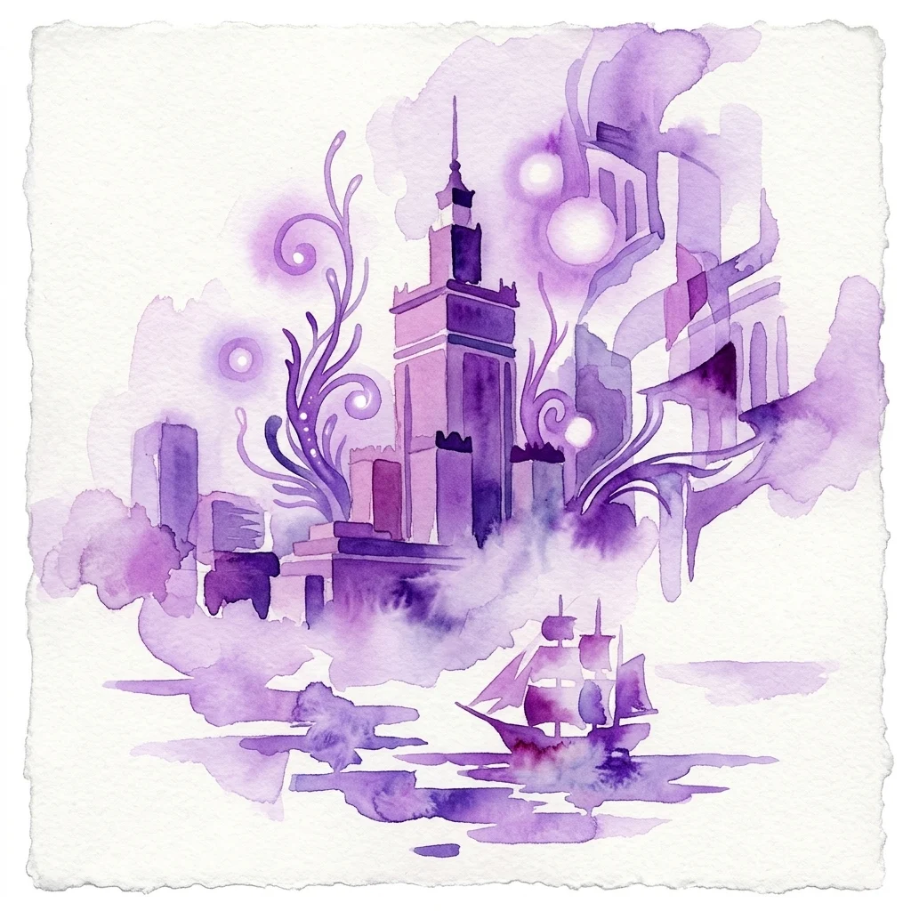 A surreal watercolor artwork depicting Warsaw's cityscape with fantastical elements, including a ship on water and glowing orbs, rendered in purple hues.
