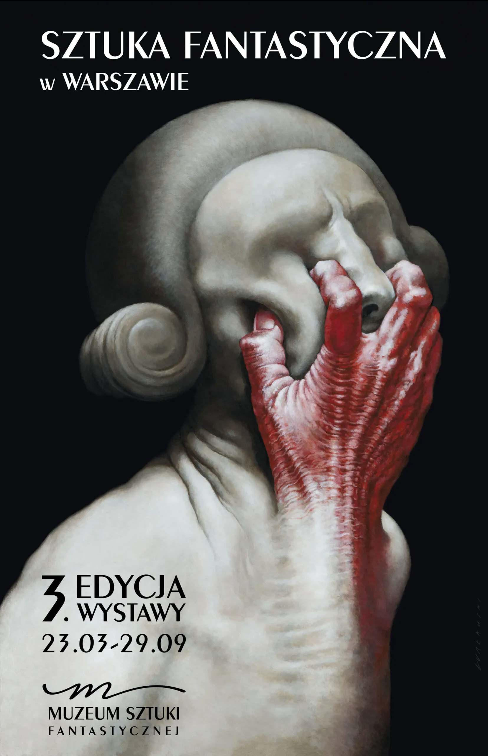 Surrealistisch kunstwerk van een figuur met een vervormd gezicht en een rode, getextureerde hand, met Poolse tekst voor de tentoonstelling Museum van Fantasiekunst