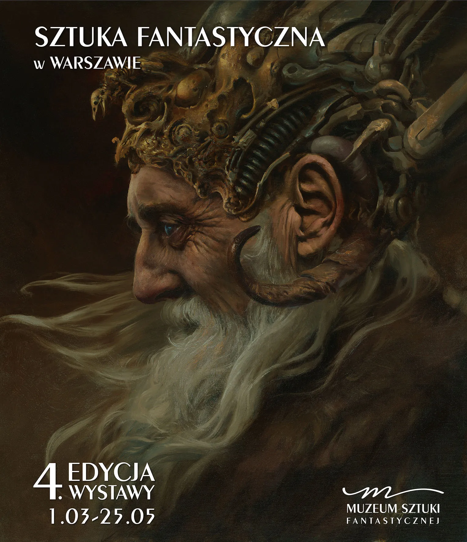 retrato de fantasía de un anciano con tocado intrincado y barba blanca larga