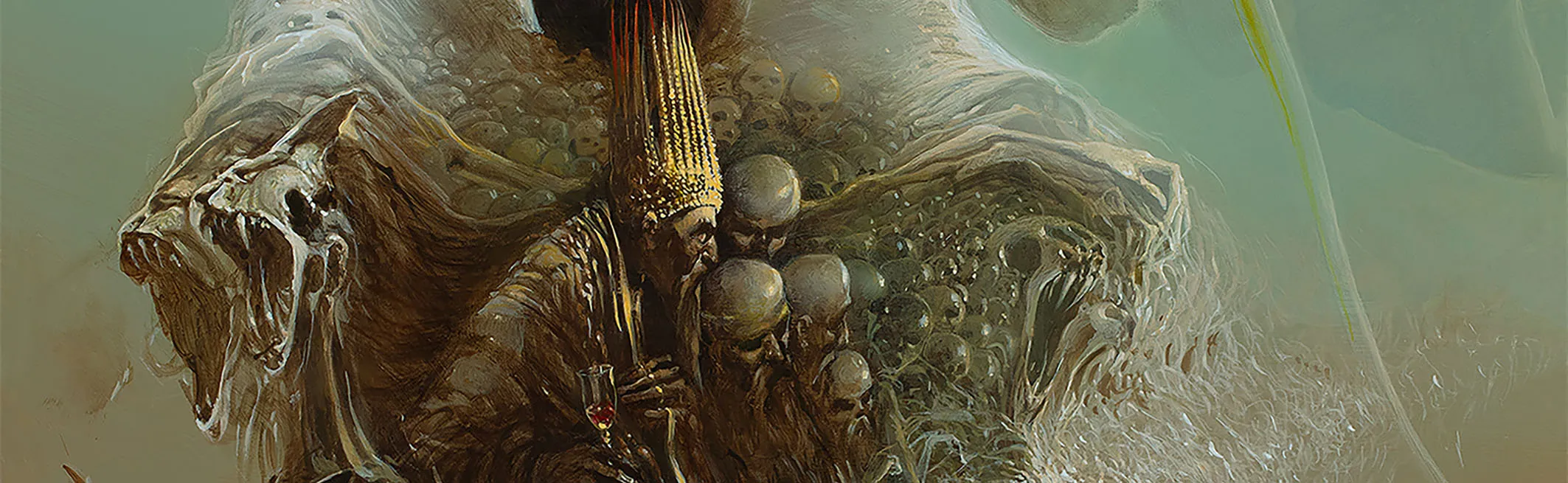 pintura surrealista de una criatura con rasgos esqueléticos y orbes brillantes