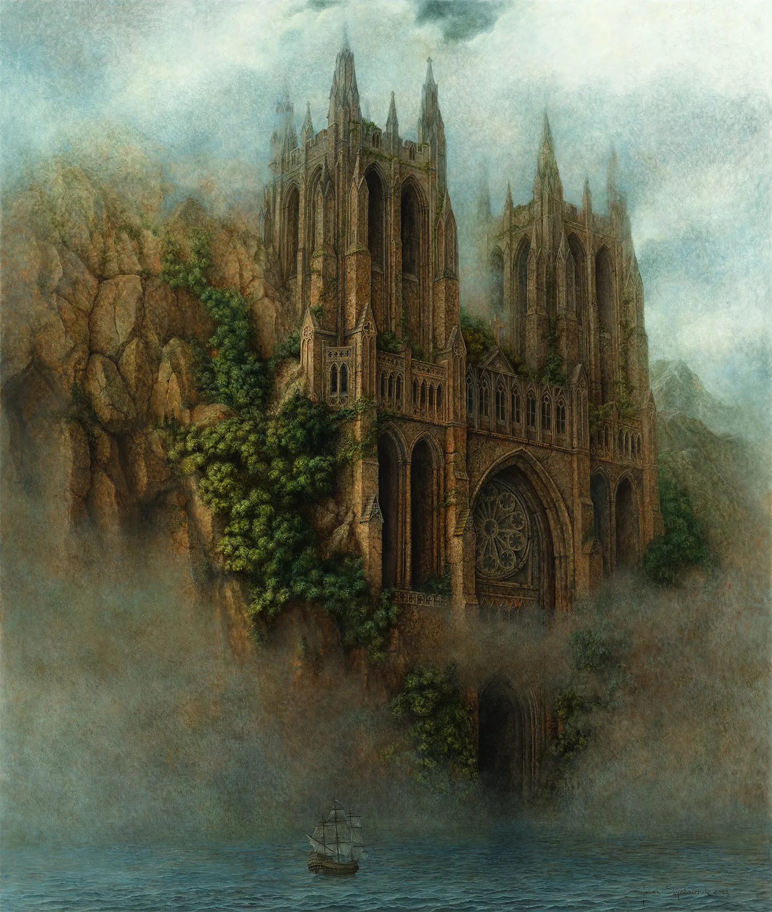 pintura de fantasía de una catedral gótica en un acantilado junto al mar