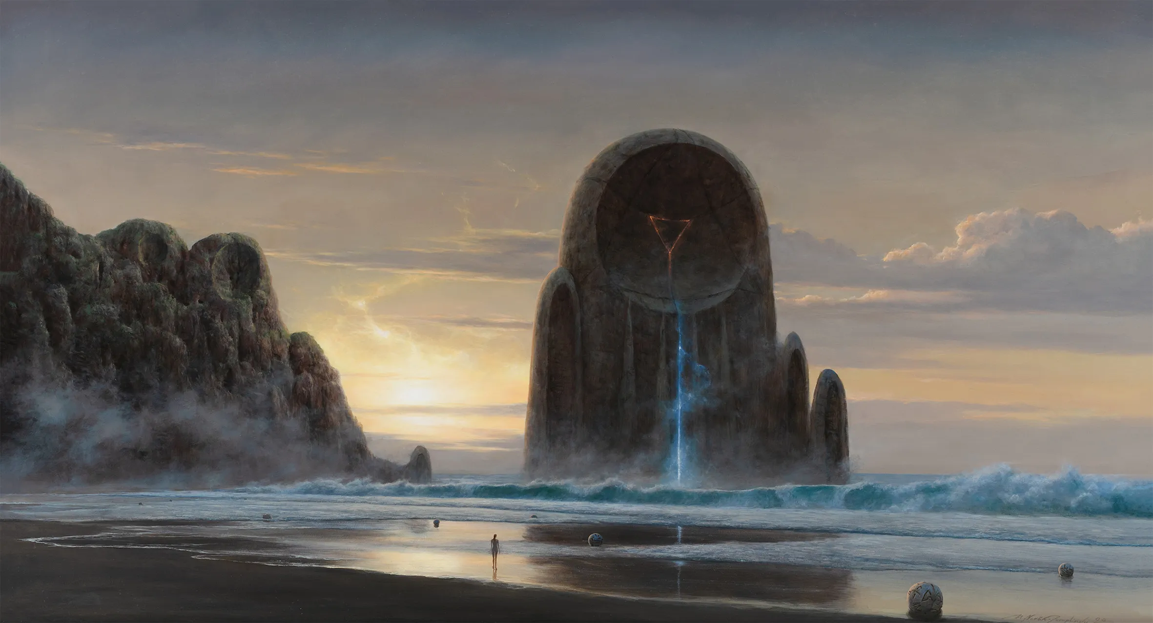 Una pintura surrealista de un gran arco de piedra en una playa con una luz azul brillante y un sol poniente