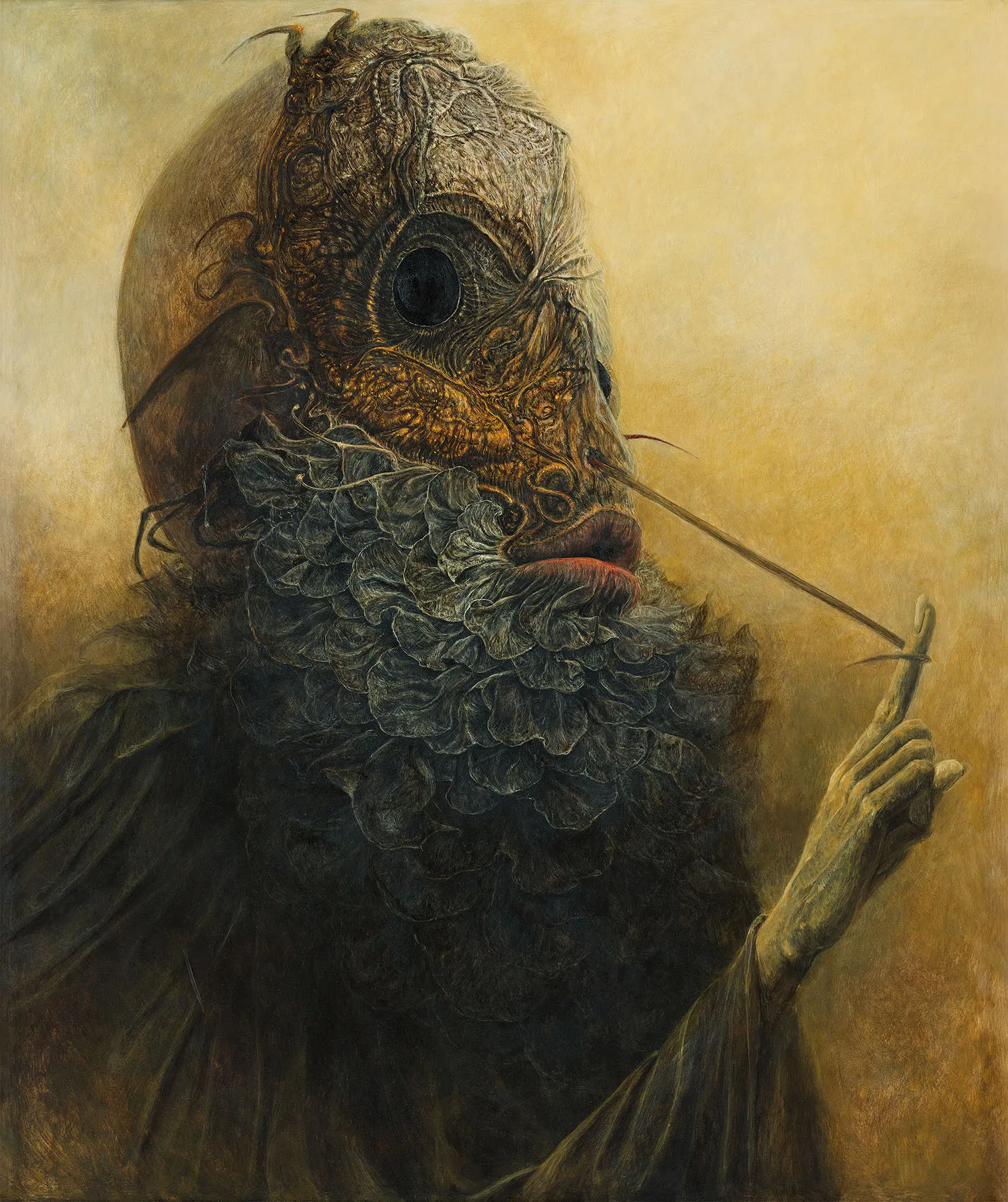 pintura surrealista de una figura con cabeza de máscara y barba intrincada sosteniendo un bastón