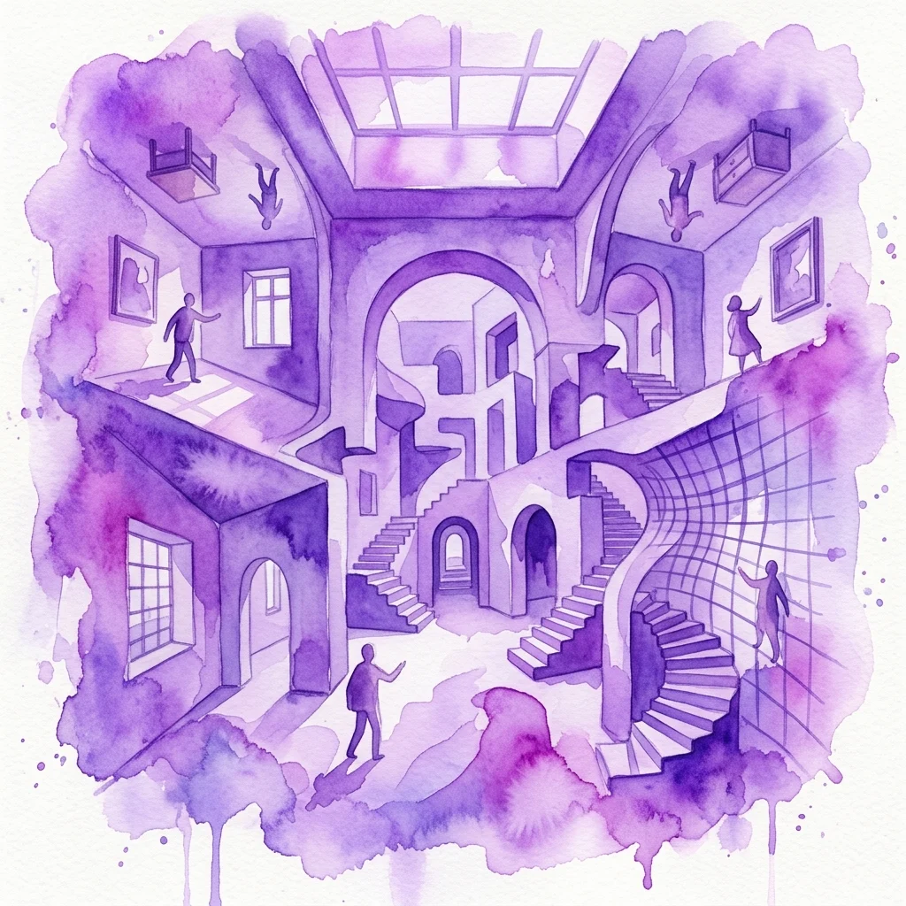 Una ilustración surrealista en acuarela de una galería inmersiva de ilusiones con salas que desafían la gravedad, perspectivas distorsionadas y visitantes explorando ilusiones ópticas en tonos púrpuras.