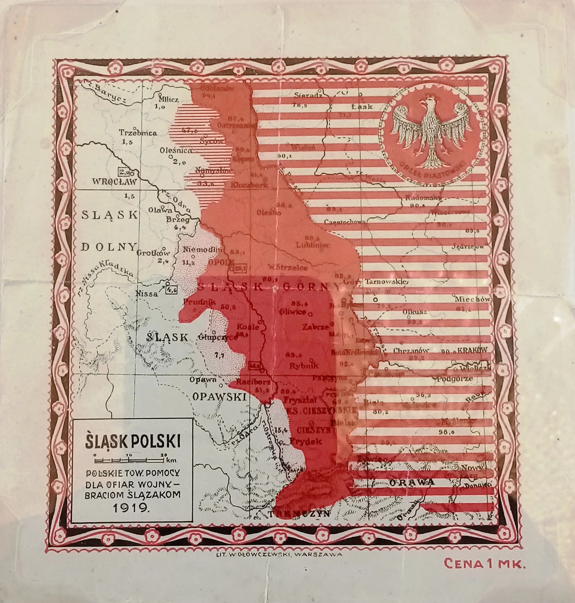 Historical map of Silesia in red with Polish text and a Polish eagle emblem