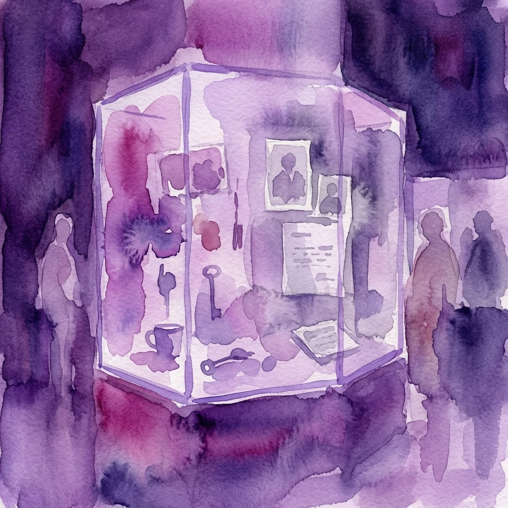 Una ilustración en acuarela de una vitrina de museo que contiene artefactos como llaves, fotografías y documentos, representando la exposición 'Un Día Normal en Pawiak' en el Museo de la Independencia de Varsovia.