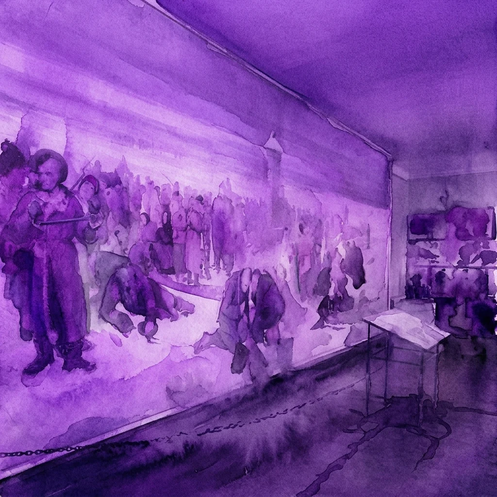 Een schemerige galerie met grote olieverfschilderijen die scènes van Siberische ballingschap en dwangarbeid uitbeelden, onderdeel van de permanente tentoonstelling van de werken van Aleksander Sochaczewski in het Museum van Onafhankelijkheid.