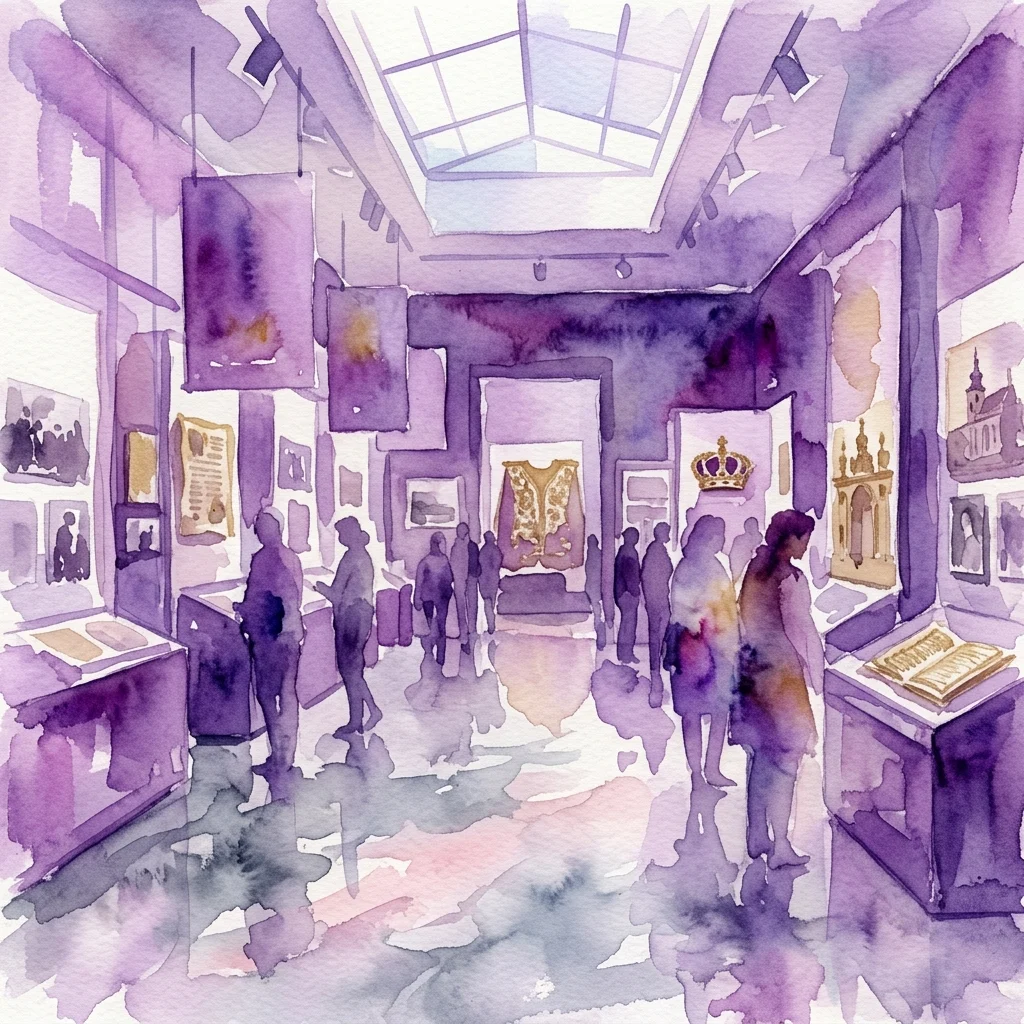 Ilustracja akwarelowa galerii muzealnej z odwiedzającymi oglądającymi historyczne artefakty i fotografie, w tym koronę i kamizelkę ceremonialną, pod świetlikiem.
