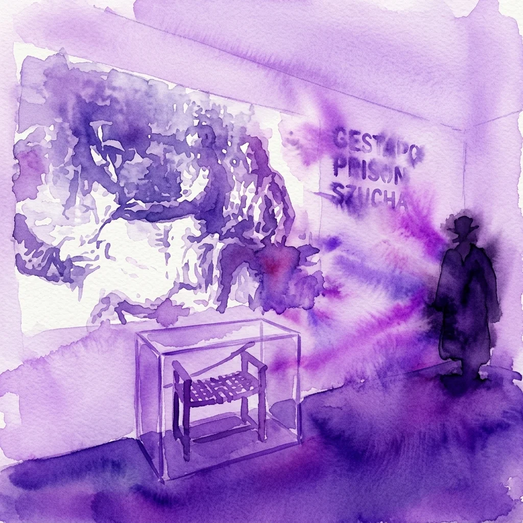 A watercolor illustration of a multimedia exhibition space with a glass case containing a wooden chair, a large projection of a historical scene, and the text 'GESTAPO PRISON SZUCHA' on the wall, evoking the somber atmosphere of the former Gestapo prison.