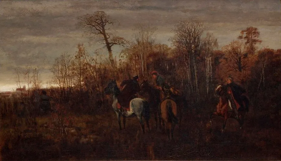 historical painting of insurgents on horseback in a forest