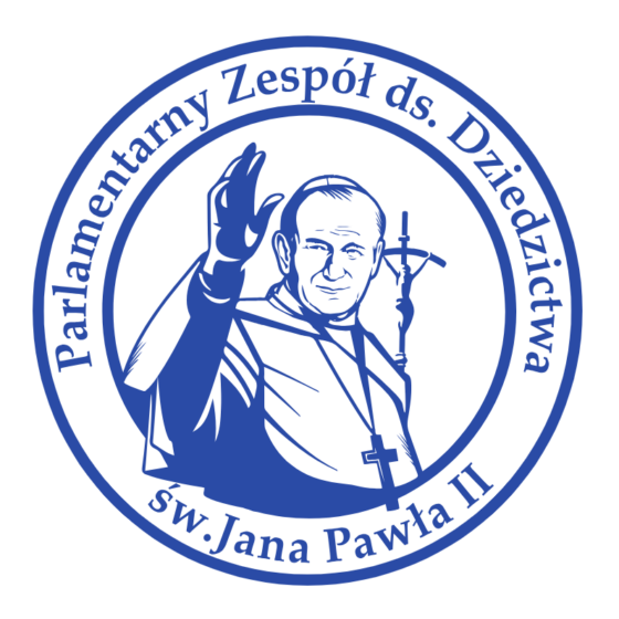 Blauw cirkelvormig logo met een afbeelding van Paus Johannes Paulus II die zwaait en een kruis vasthoudt, omringd door Poolse tekst
