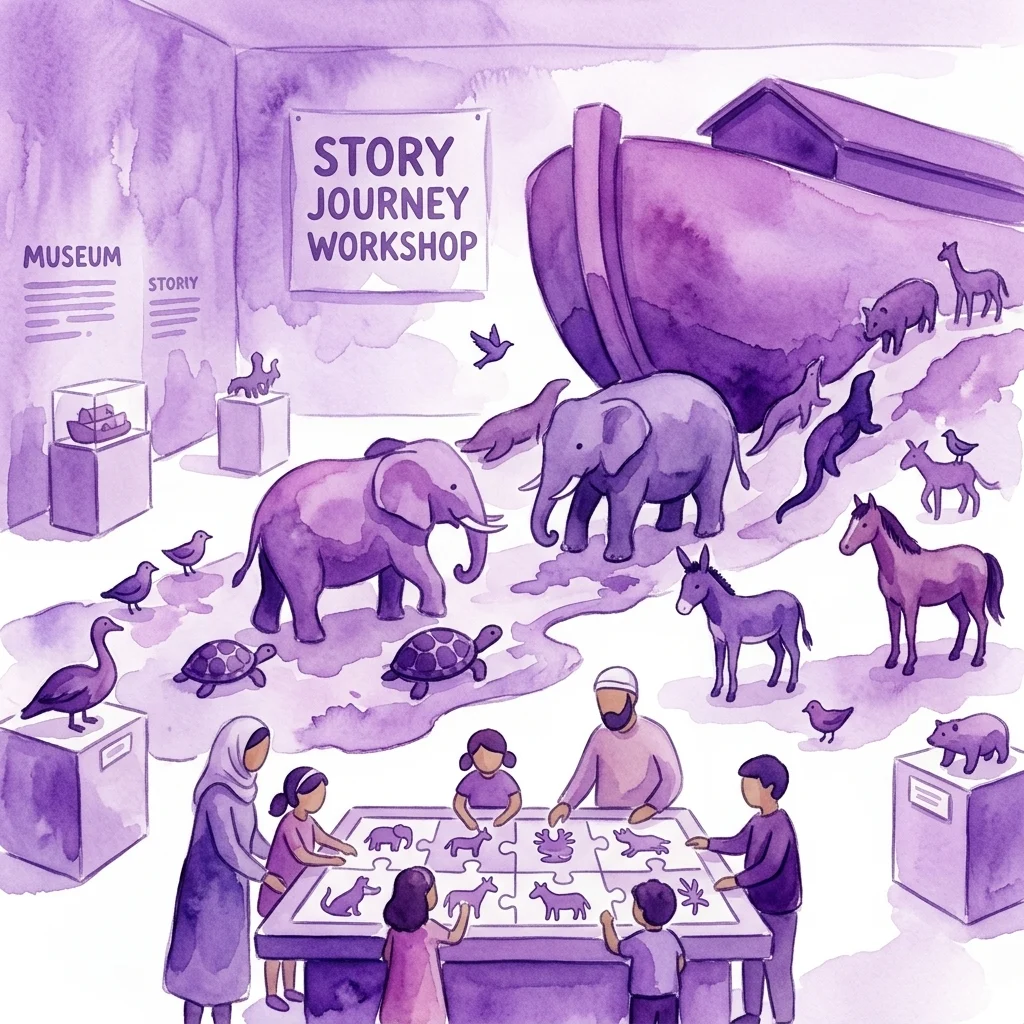 Een levendige paarse aquarelillustratie van een museumworkshop met kinderen en volwassenen die een puzzel in elkaar zetten met bijbelse dieren zoals olifanten, ezels en schildpadden, met een groot model van de Ark van Noach op de achtergrond.
