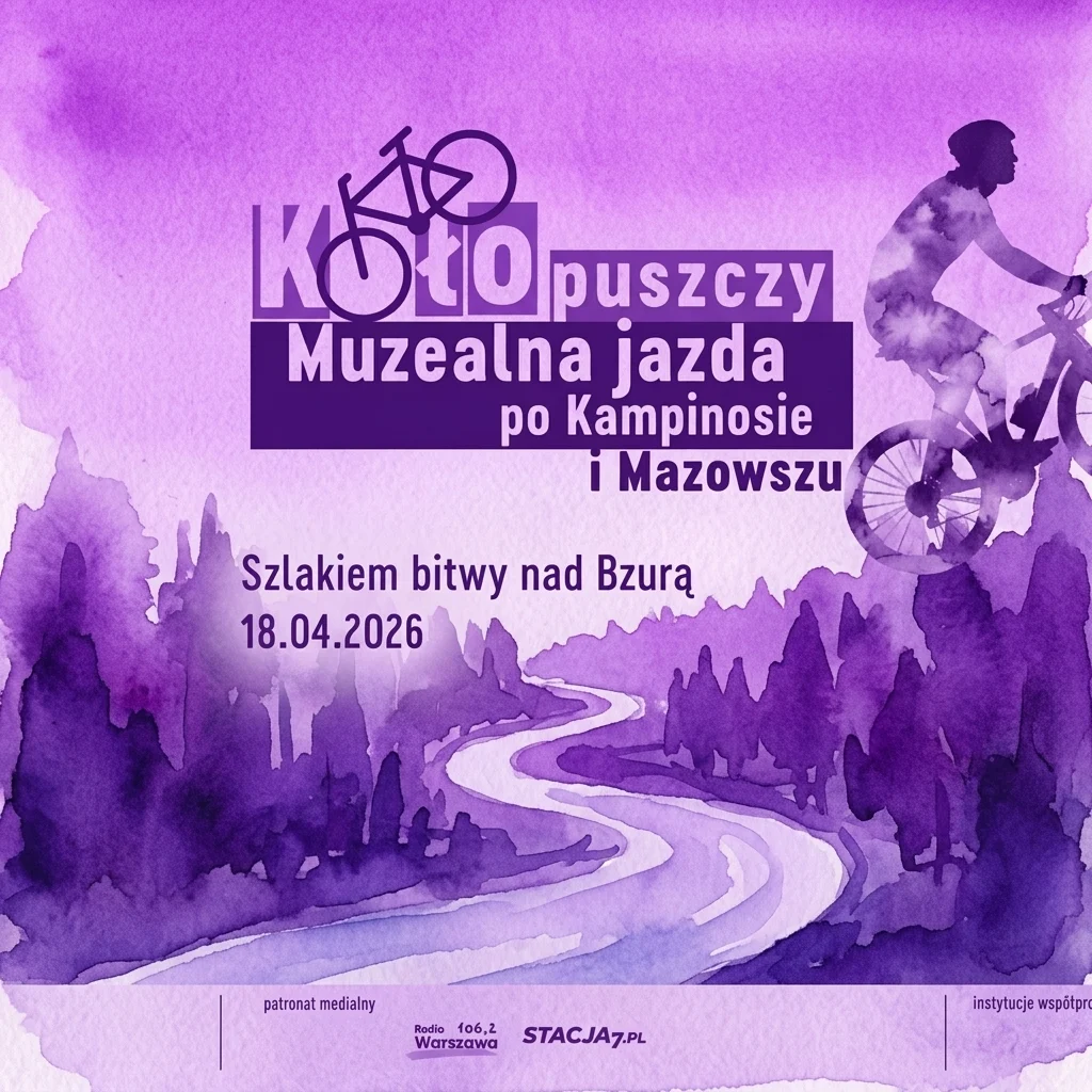 Paarse aquarelillustratie van een kronkelende weg door een bos, met een fietssilhouet en tekst die een fietstocht langs het slagveld aan de Bzura-rivier promoot op 18 april 2026.