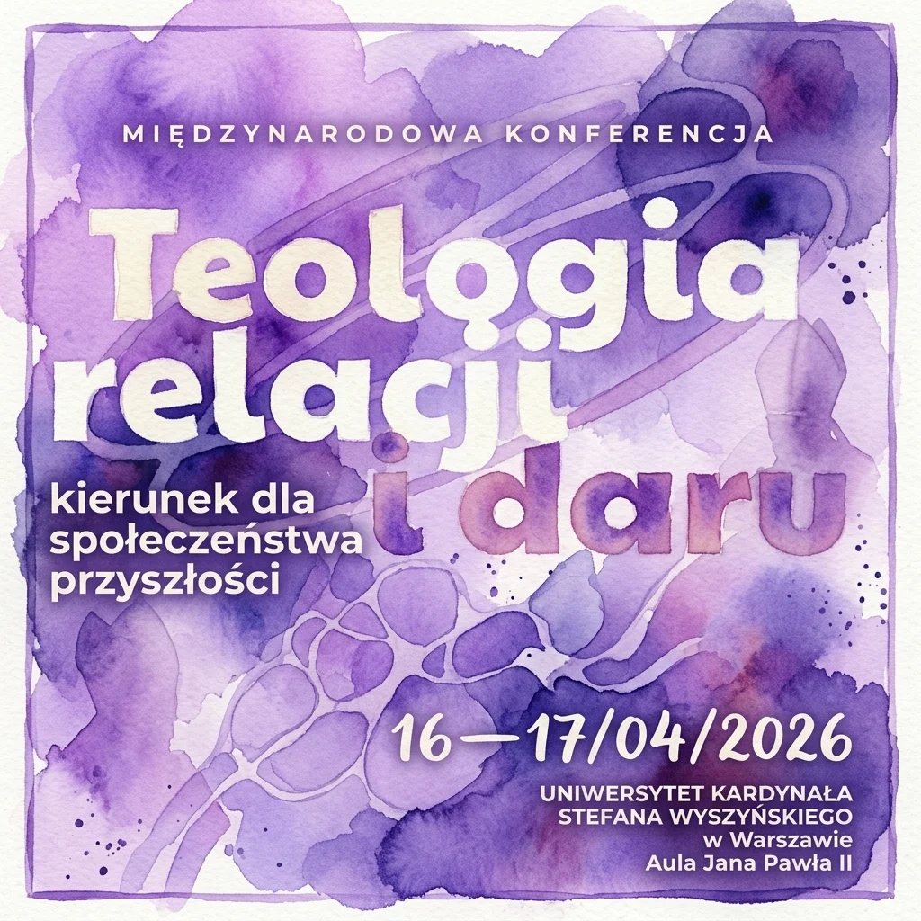 Een paarse aquarelposter voor een internationale conferentie getiteld 'Theologie van Relatie en Geschenk: Een Gids voor de Toekomstige Samenleving', gehouden op 16-17 april 2026, aan de Universiteit van Kardinaal Stefan Wyszyński in Warschau.