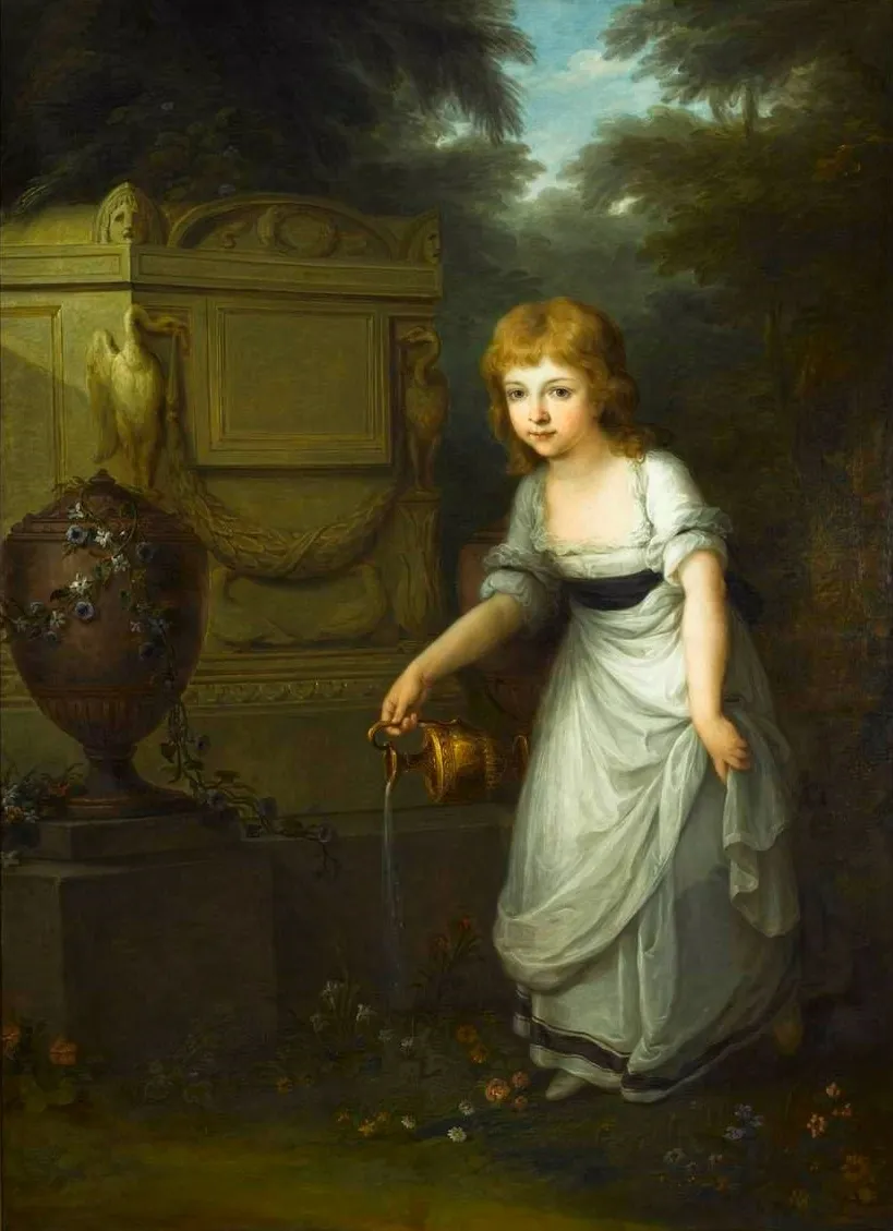 Una pintura de una niña con un vestido blanco regando una tumba con una jarra dorada, de pie junto a un monumento de piedra en un jardín.