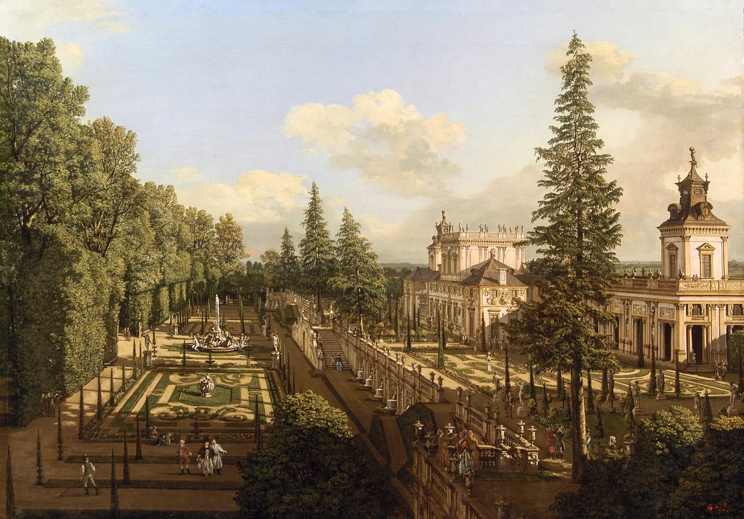 Baroque palace and formal gardens with people strolling in the landscape