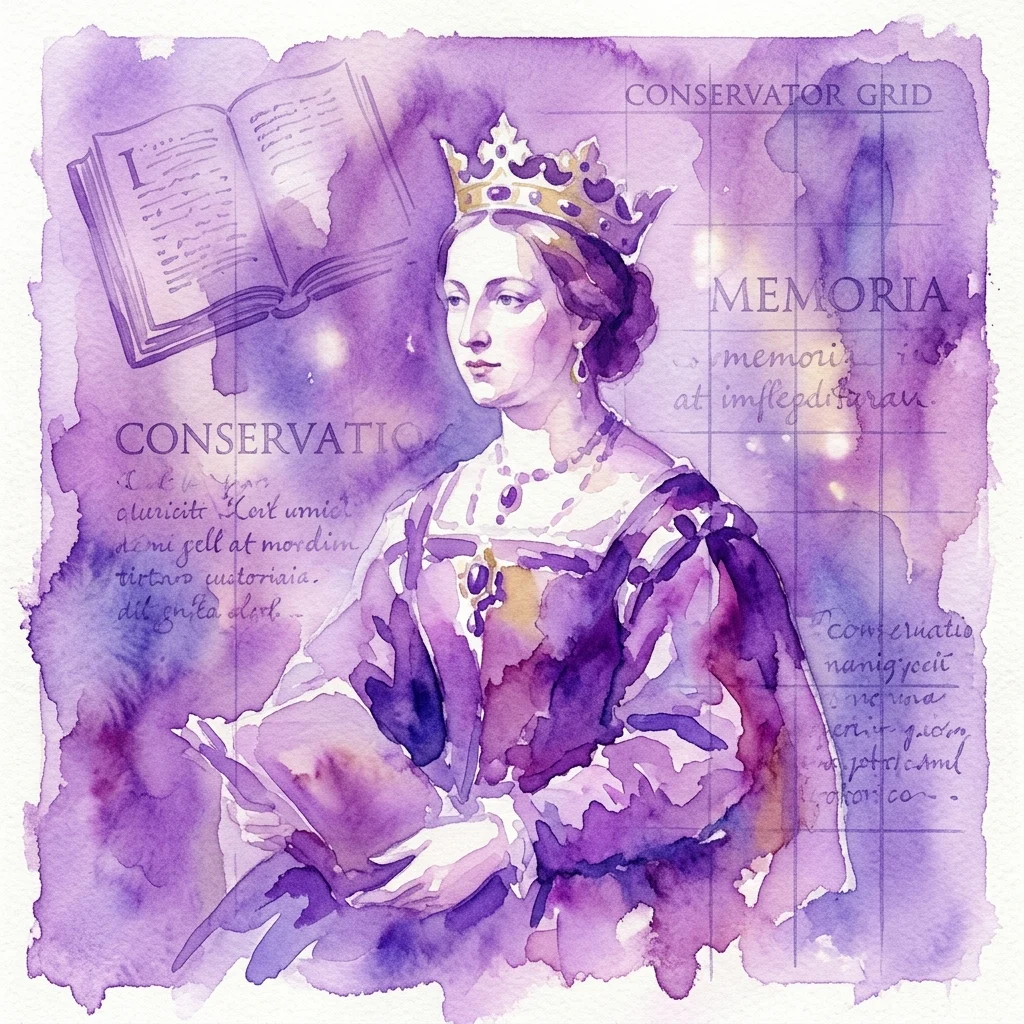 Un retrato en acuarela de la reina Ana Jagiellonka vestida al estilo renacentista, luciendo una corona y sosteniendo un libro, con texto de investigación de conservación y una superposición de cuadrícula.