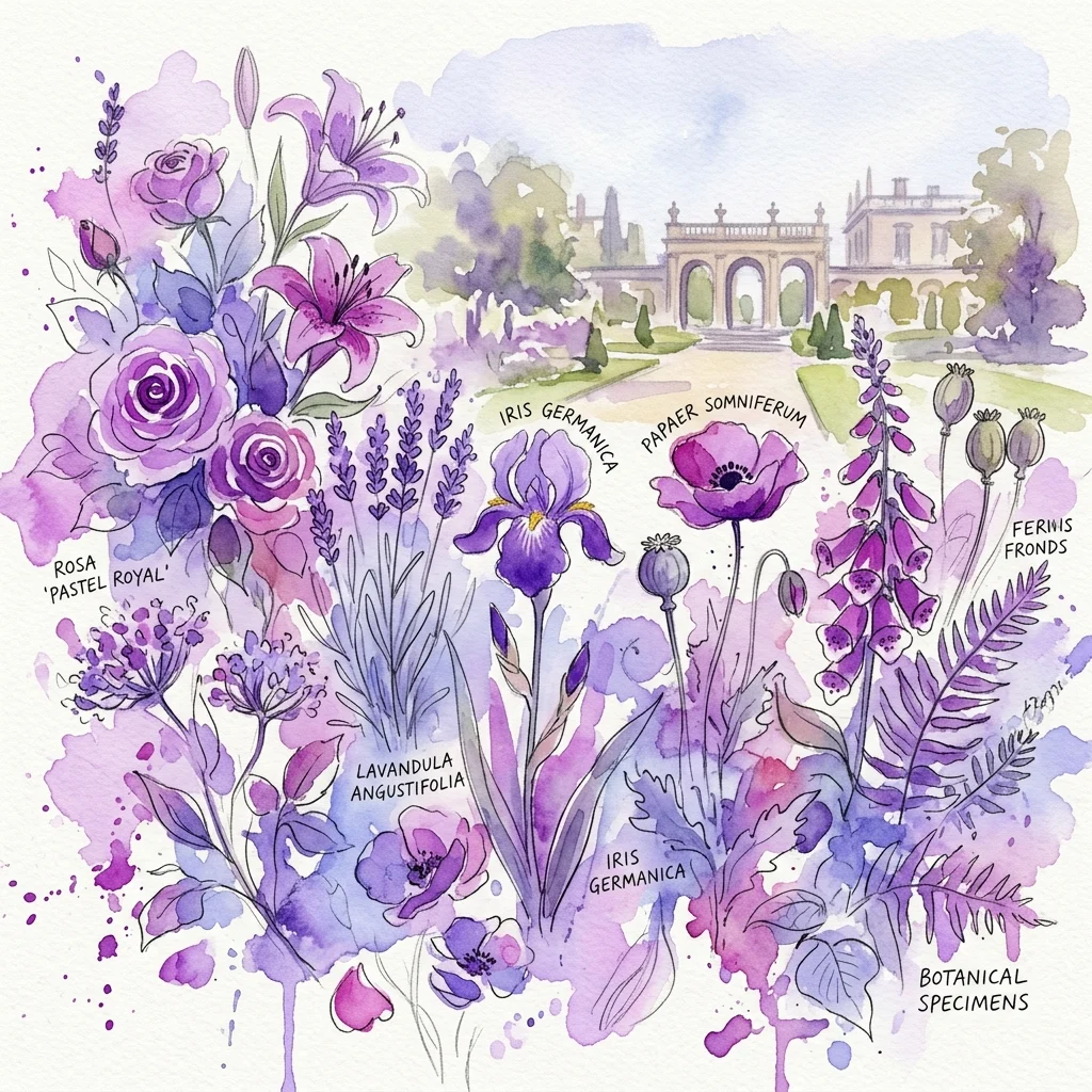 Ilustración en acuarela de especímenes botánicos que incluyen Rosa 'Pastel Royal', Iris germanica, Lavandula angustifolia y Papaver somniferum, sobre un telón de fondo de jardín palaciego.
