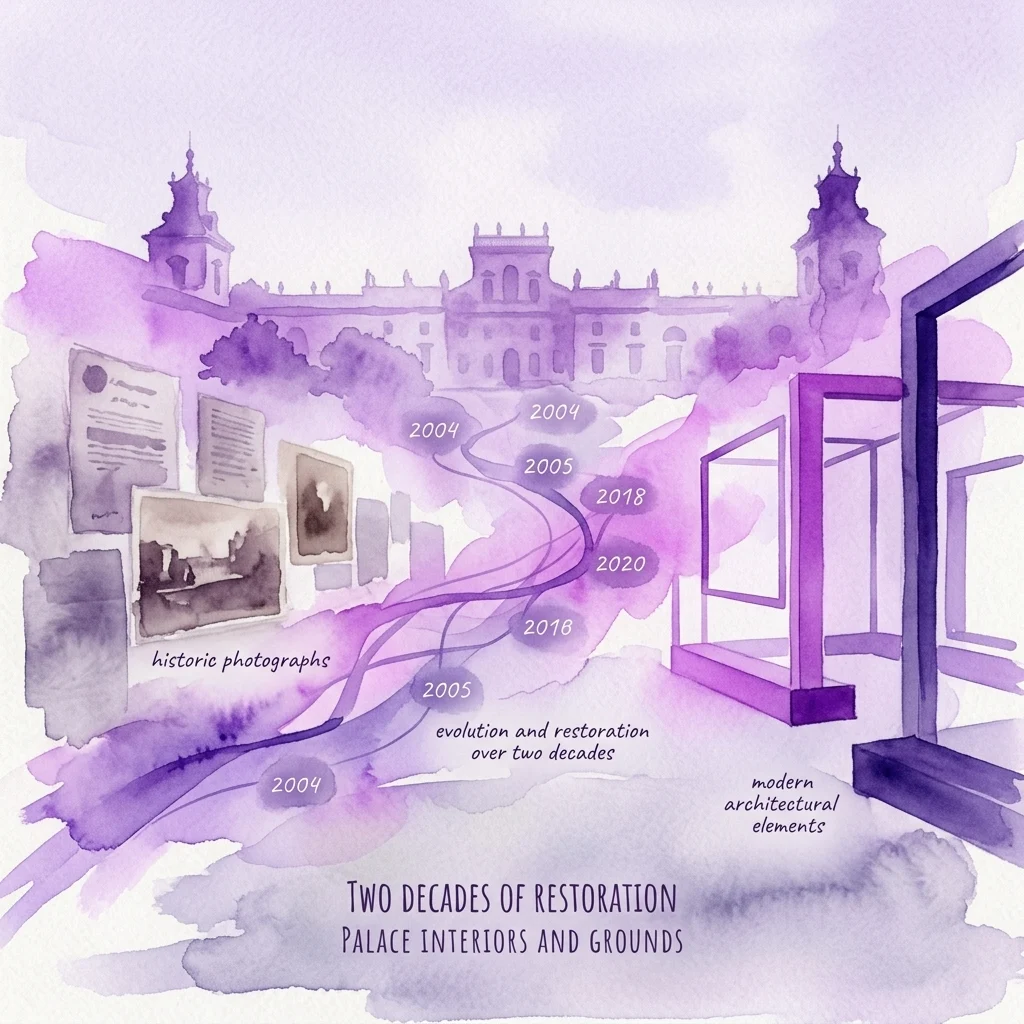 Ilustración en acuarela de una exposición que muestra la evolución y restauración del Palacio de Wilanów del Rey Jan III desde 2003 hasta 2023, con fotografías históricas y elementos arquitectónicos modernos.