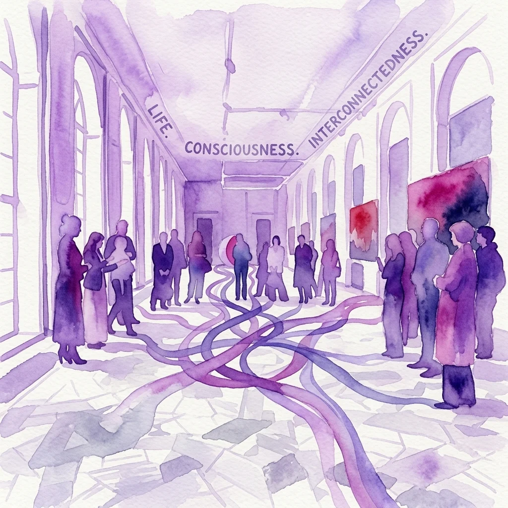 Una ilustración artística en acuarela de un espacio de exposición con visitantes viendo obras de arte. La escena está bañada en tonos púrpuras, con palabras como 'LIFE.', 'CONSCIOUSNESS.' e 'INTERCONNECTEDNESS.' escritas en las paredes, y caminos de color arremolinados en el suelo.
