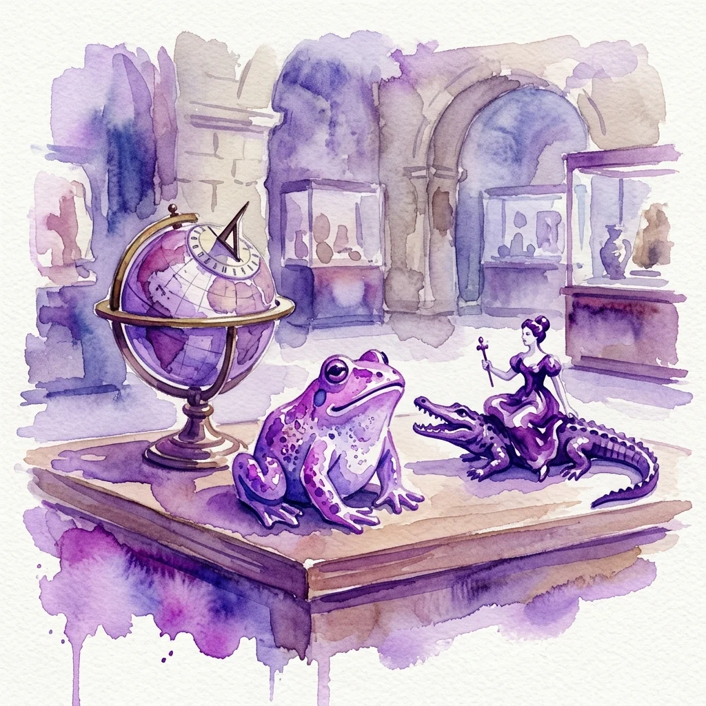 Una ilustración en acuarela de una exhibición de museo que presenta una rana de cerámica morada, un globo terráqueo antiguo con un reloj de sol y una figura de porcelana de una mujer montada en un cocodrilo, en una galería con vitrinas.