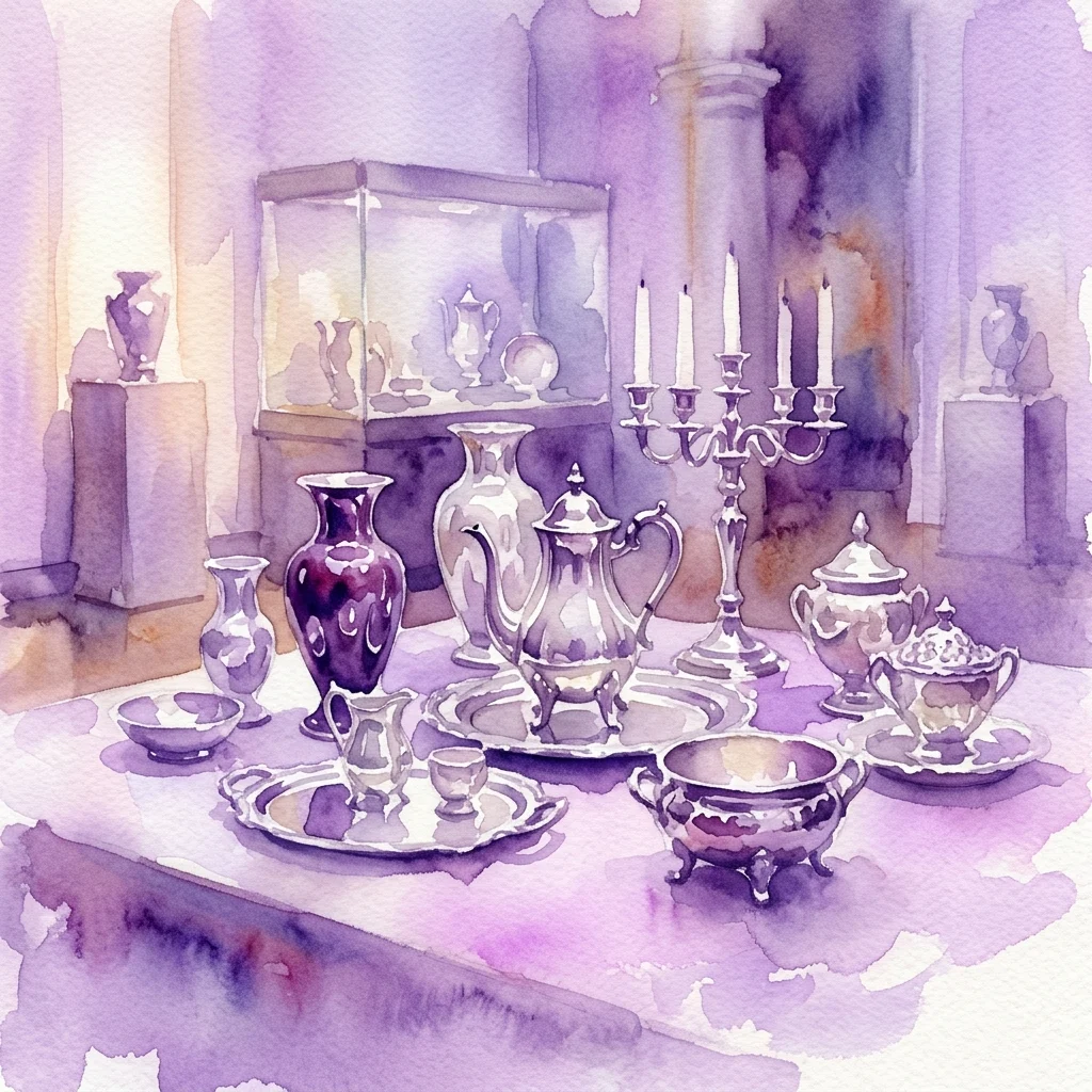 A watercolor illustration of ornate silver-plated tableware and decorative objects displayed in a museum setting, part of an exhibition on 200 years of silver plating in Poland.