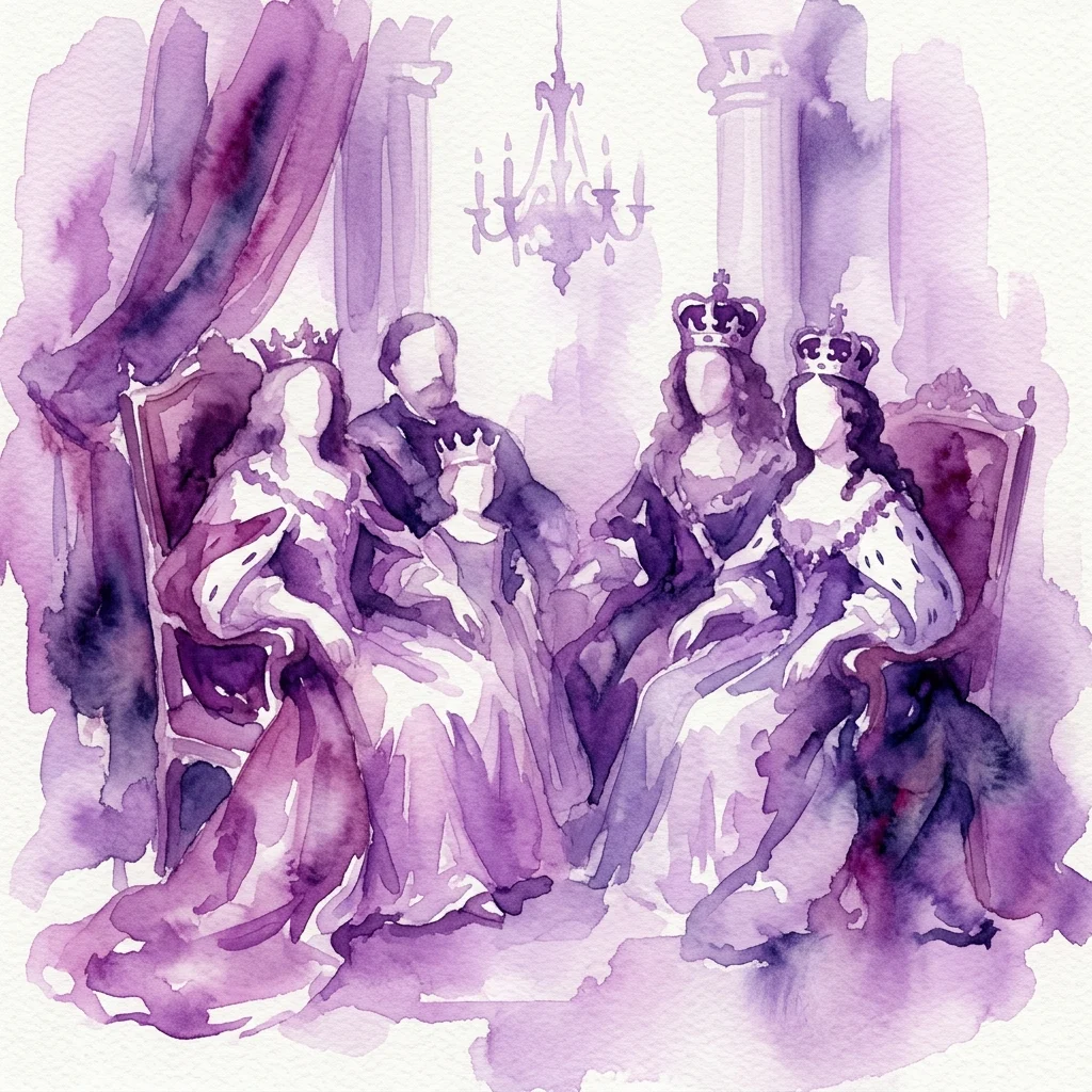 Ilustración en acuarela de figuras reales en tonos púrpuras, que representa a miembros de las familias reales Sobieski y Stuart en un entorno de corte real con coronas, candelabros y muebles ornamentados.