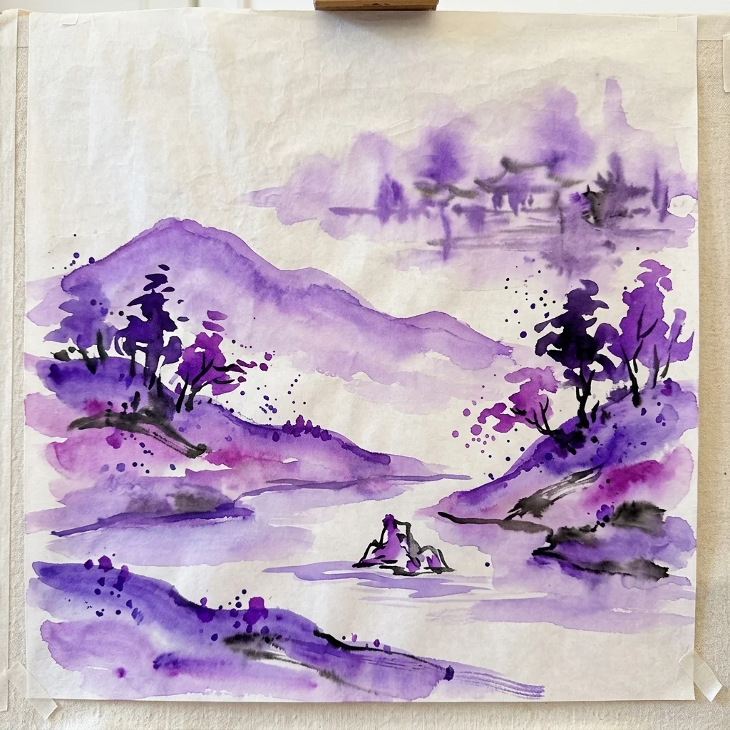 Una pintura de lavado de tinta púrpura de montañas, árboles y agua, que evoca un paisaje sereno al estilo artístico Suibokuga.