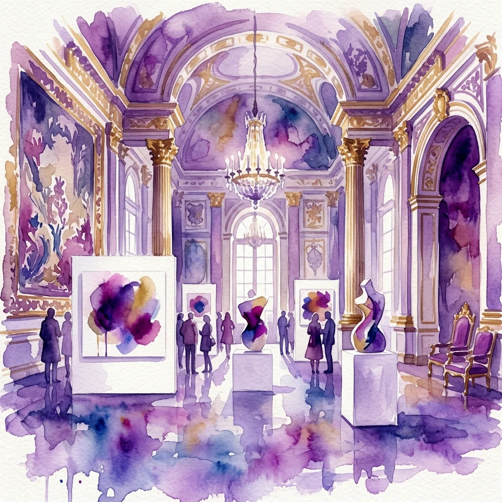 Watercolor illustration of the TOP CHARITY Art exhibition in the Museum of King Jan III's Palace at Wilanów, featuring contemporary artworks displayed in ornate historical rooms with purple and gold accents.