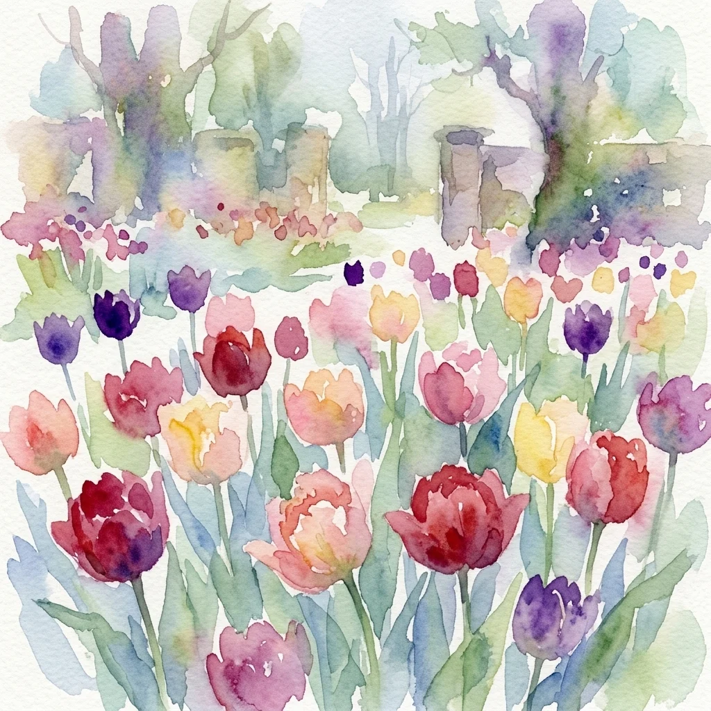Acuarela de tulipanes coloridos en flor, con flores rojas, rosas, amarillas y púrpuras en un jardín de primavera.