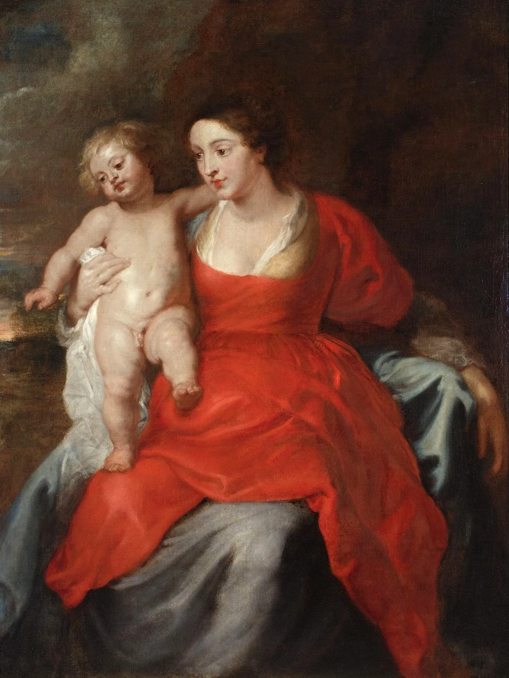 Una pintura barroca de la Madonna y el Niño, con la Virgen María con un vestido rojo sosteniendo un infante desnudo.