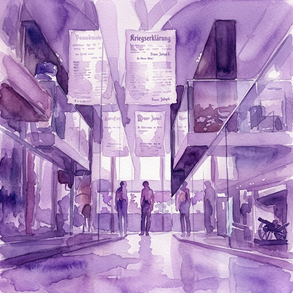 Een aquarelillustratie van de tentoonstelling 'Der Erste Weltkrieg' in het Heeresgeschichtliches Museum, met een museumzaal met historische affiches, artefacten en bezoekers die de tentoongestelde objecten bekijken.