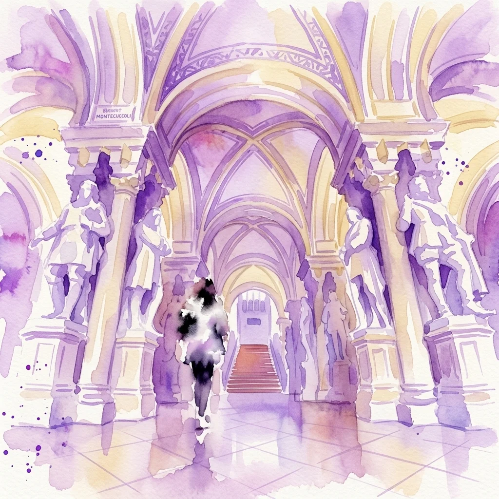 Waterverfillustratie van de Feldherrnhalle, een grandeurse historische zaal met marmeren beelden van militaire leiders langs sierlijke zuilen en bogen, met een centrale trap die de verte in leidt.