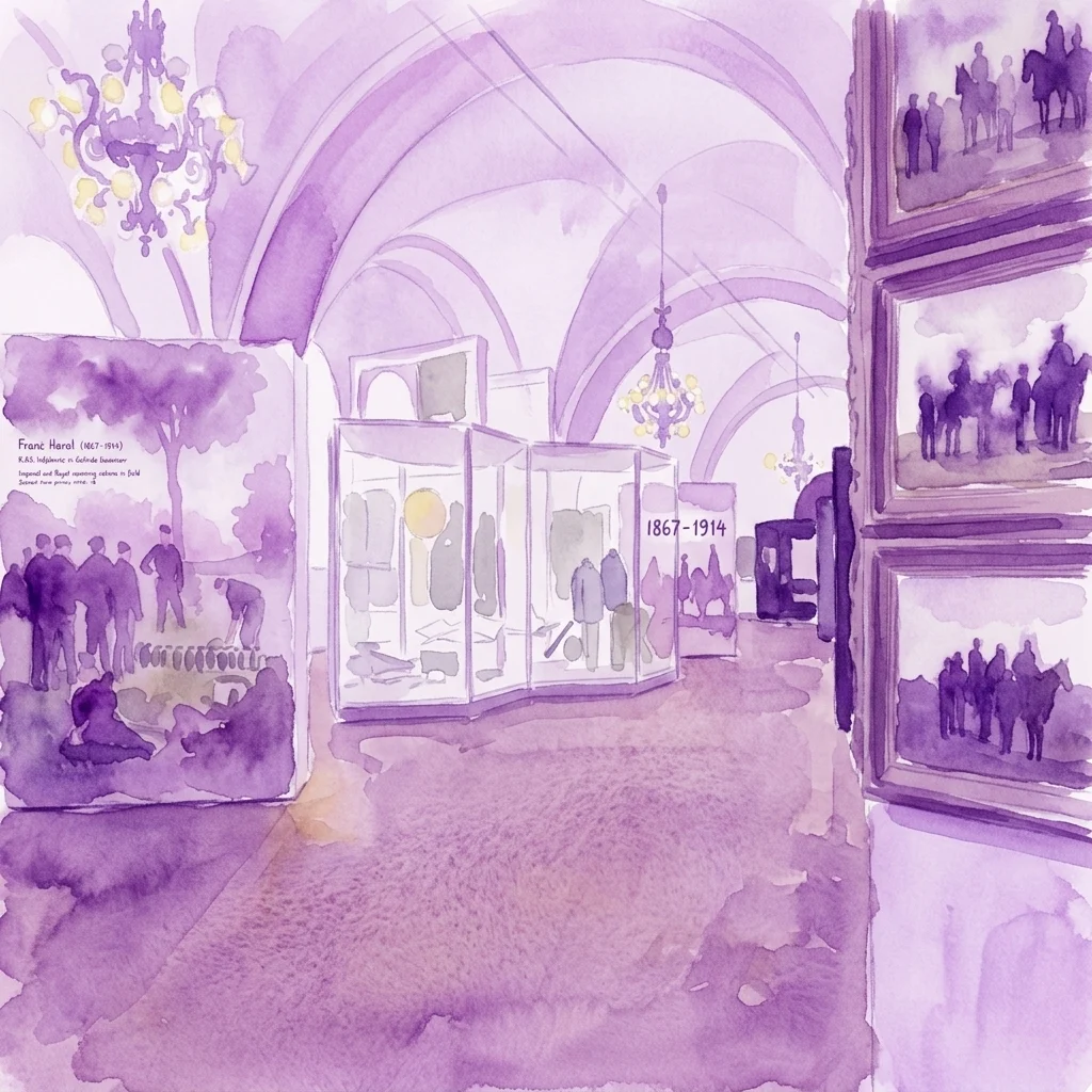 Waterverfillustratie van de tentoonstelling Franz-Joseph-Saal in het Heeresgeschichtliches Museum, met vitrines met militaire uniformen en artefacten uit 1867-1914, ingelijste historische foto's en informatiepanelen over de militaire geschiedenis van de Oostenrijks-Hongaarse monarchie.