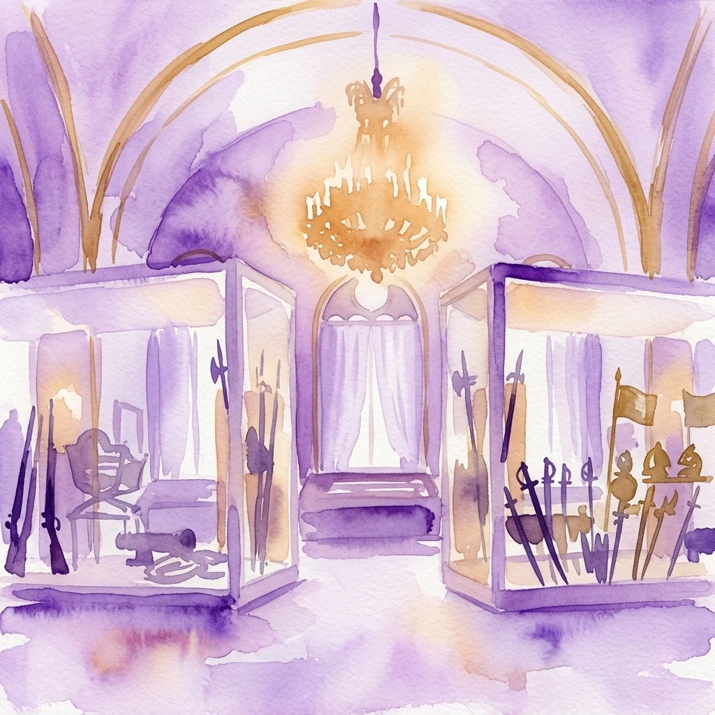 Een aquarelillustratie van de Maria-Theresien-Saal, een grote tentoonstellingshal met gewelfde plafonds, een grote kroonluchter en vitrines gevuld met 18e-eeuwse militaire artefacten zoals geweren, zwaarden en harnassen.