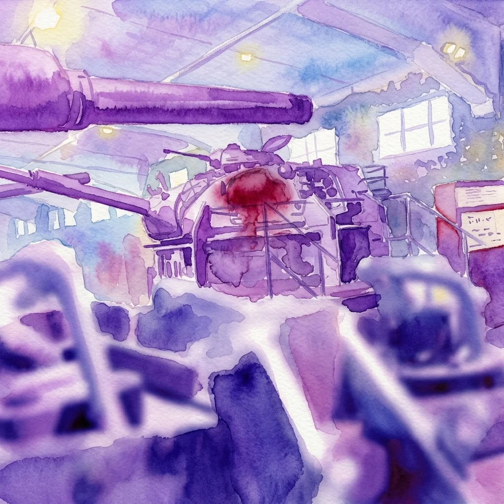 Watercolor illustration of the Panzerhalle exhibition featuring historical tanks and armored vehicles in a large industrial hall, emphasizing their historical significance and technological might.
