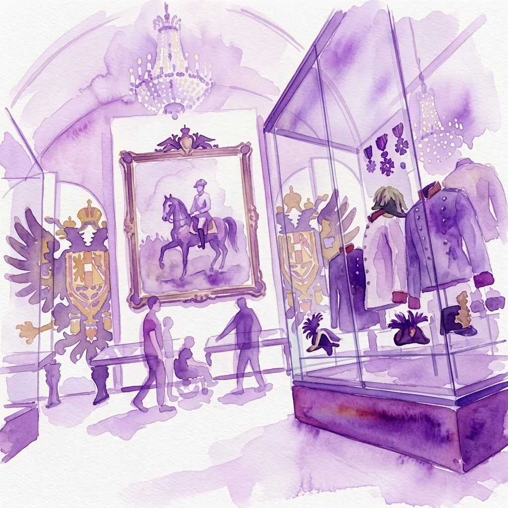 Waterverfillustratie van de Radetzky-Saal in het Heeresgeschichtliches Museum in Wenen, met een staand portret van veldmaarschalk Radetzky, militaire uniformen, medailles en keizerlijke symbolen onder een kroonluchter.