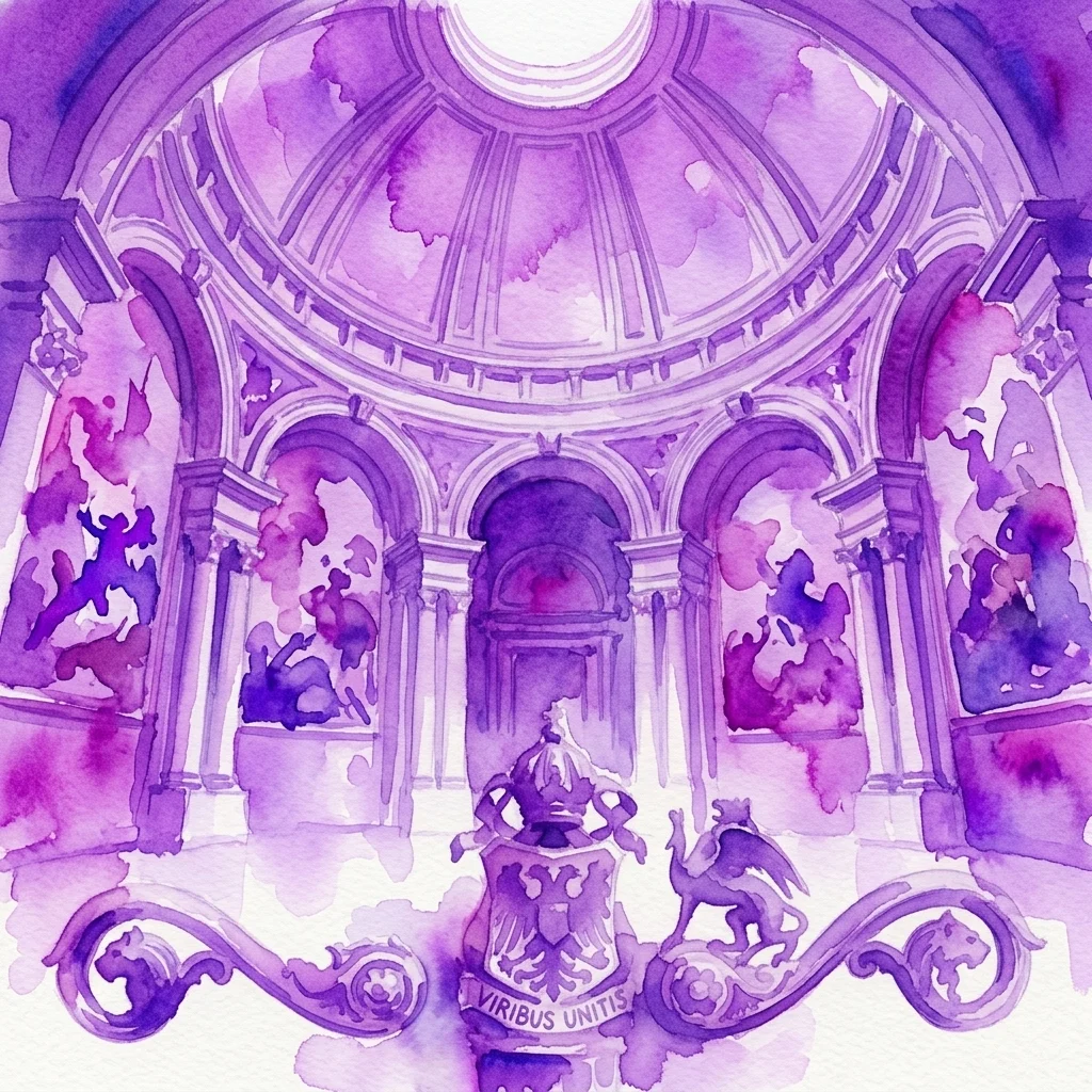 Una ilustración en acuarela de la Ruhmeshalle, una gran sala abovedada con frescos ornamentados, nichos arqueados y un escudo de armas central con el lema 'VIRIBUS UNITIS' en el Museo de Historia Militar.