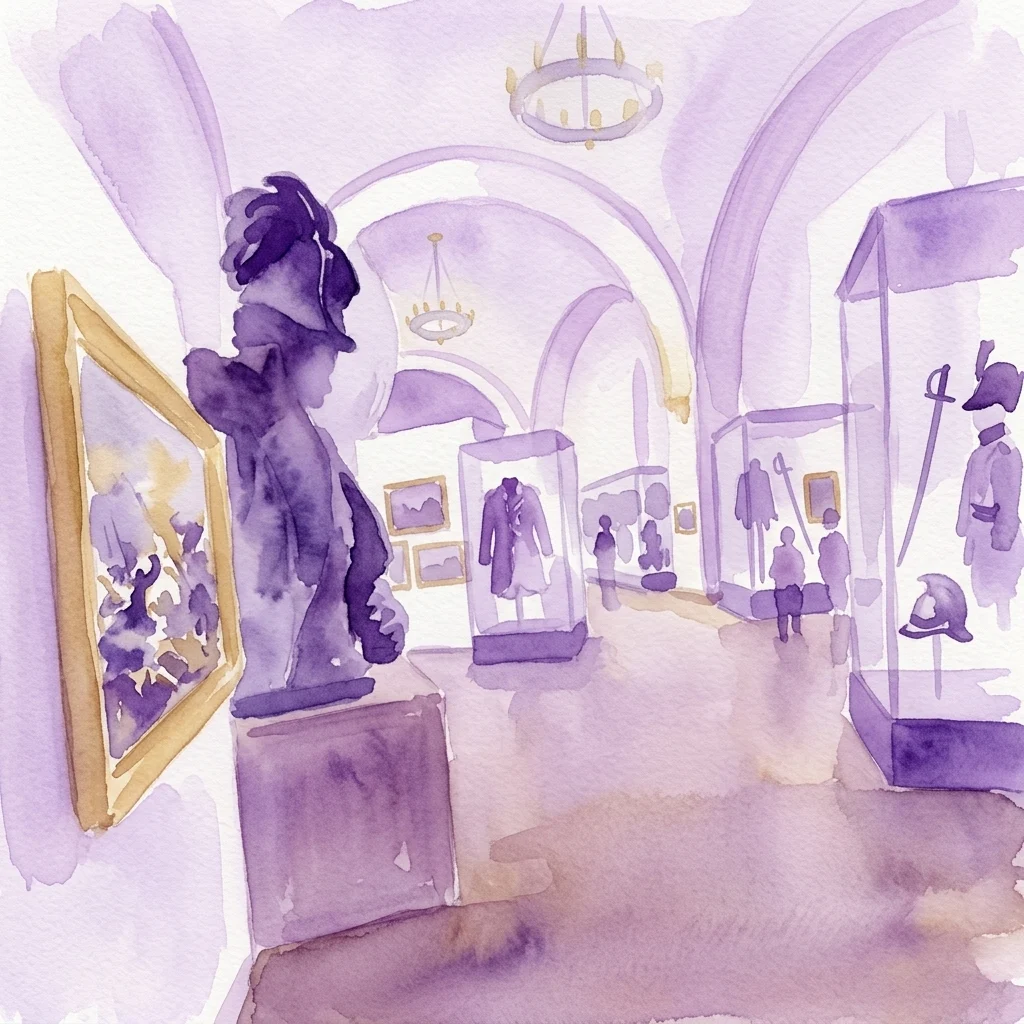 Een aquarelillustratie van de tentoonstelling 'Hall of Revolutions' in het Museum van Militaire Geschiedenis, met vitrines met militaire uniformen, wapens en historische schilderijen onder boogramen.