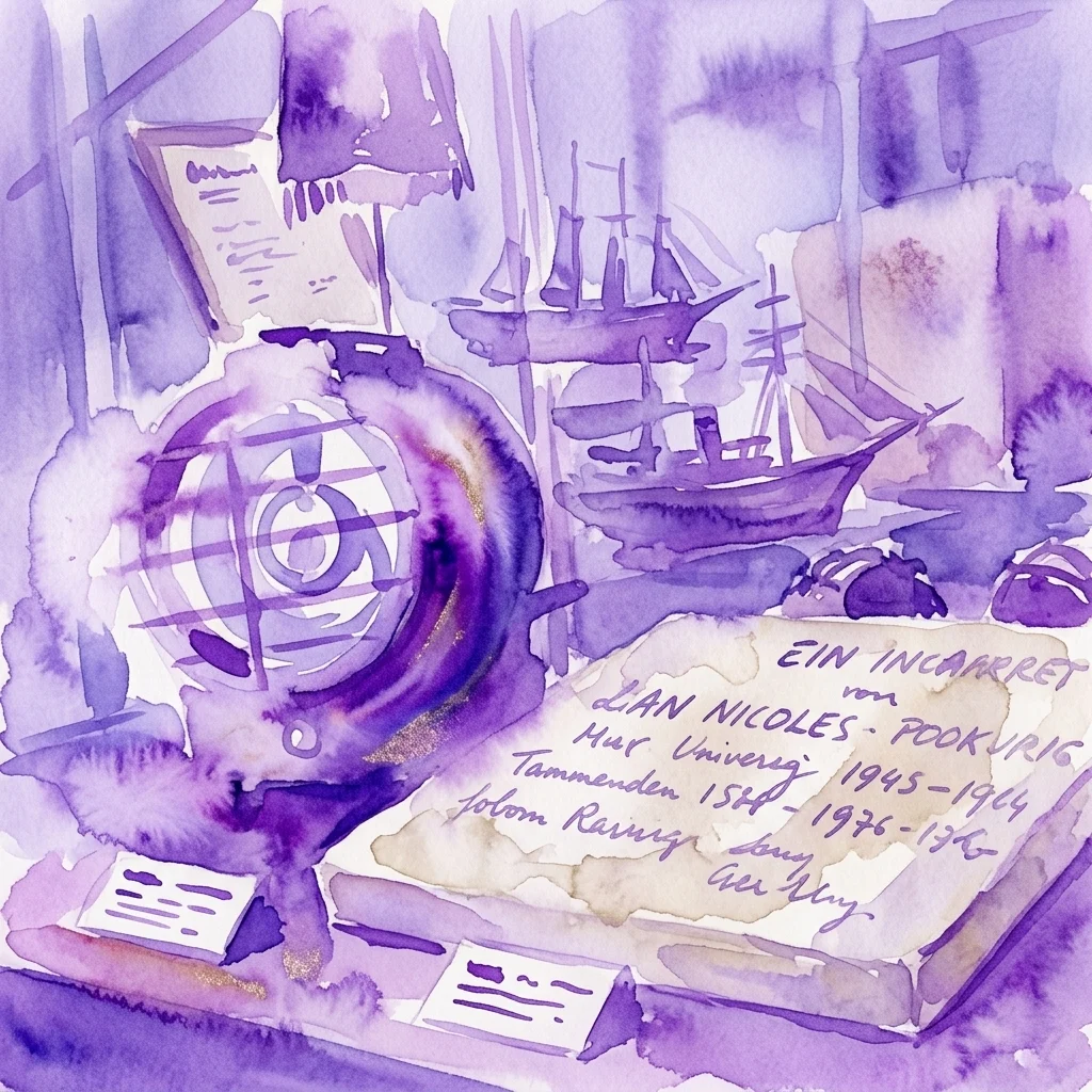 Een aquarelillustratie van een museumexpositie met een marinezoeklicht, scheepsmodellen en een plaquette met tekst over de Oostenrijkse maritieme geschiedenis, die het thema Seemacht Österreich oproept.