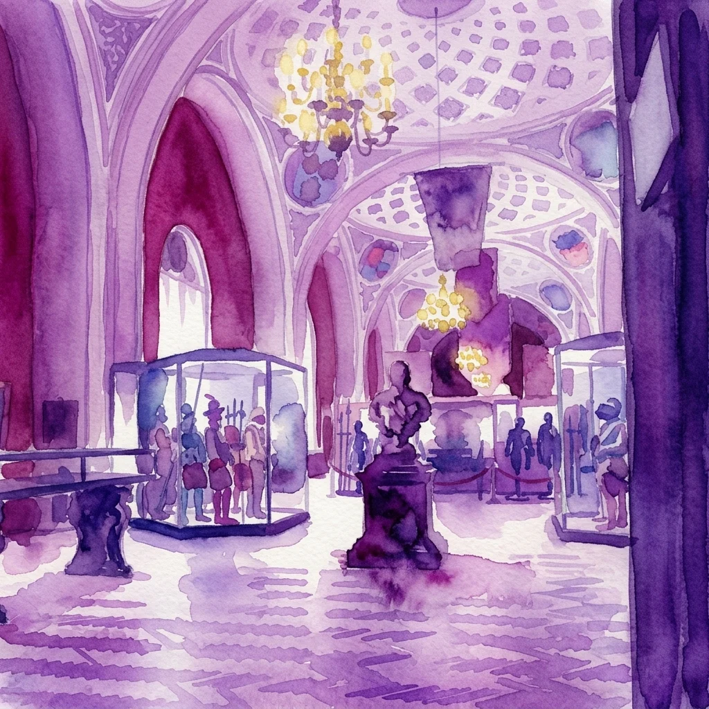 Waterverfillustratie van een museumgalerij met middeleeuwse bepantsering en wapens tentoongesteld, met boogplafonds, kroonluchters en een centraal beeld onder paarse verlichting.