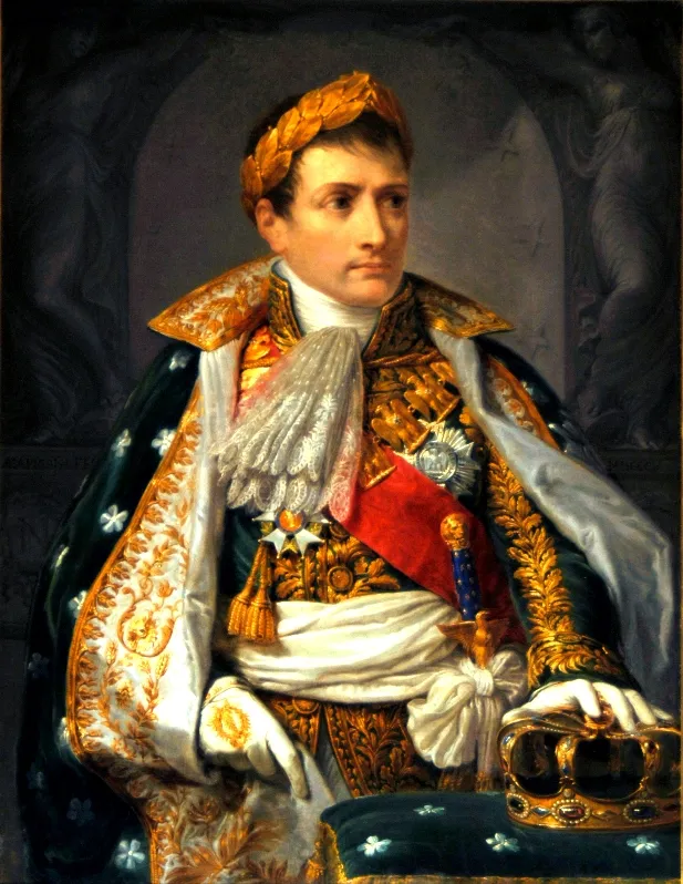 Portret van Napoleon Bonaparte in een sierlijk militair uniform met gouden borduursels, een kroon en medailles