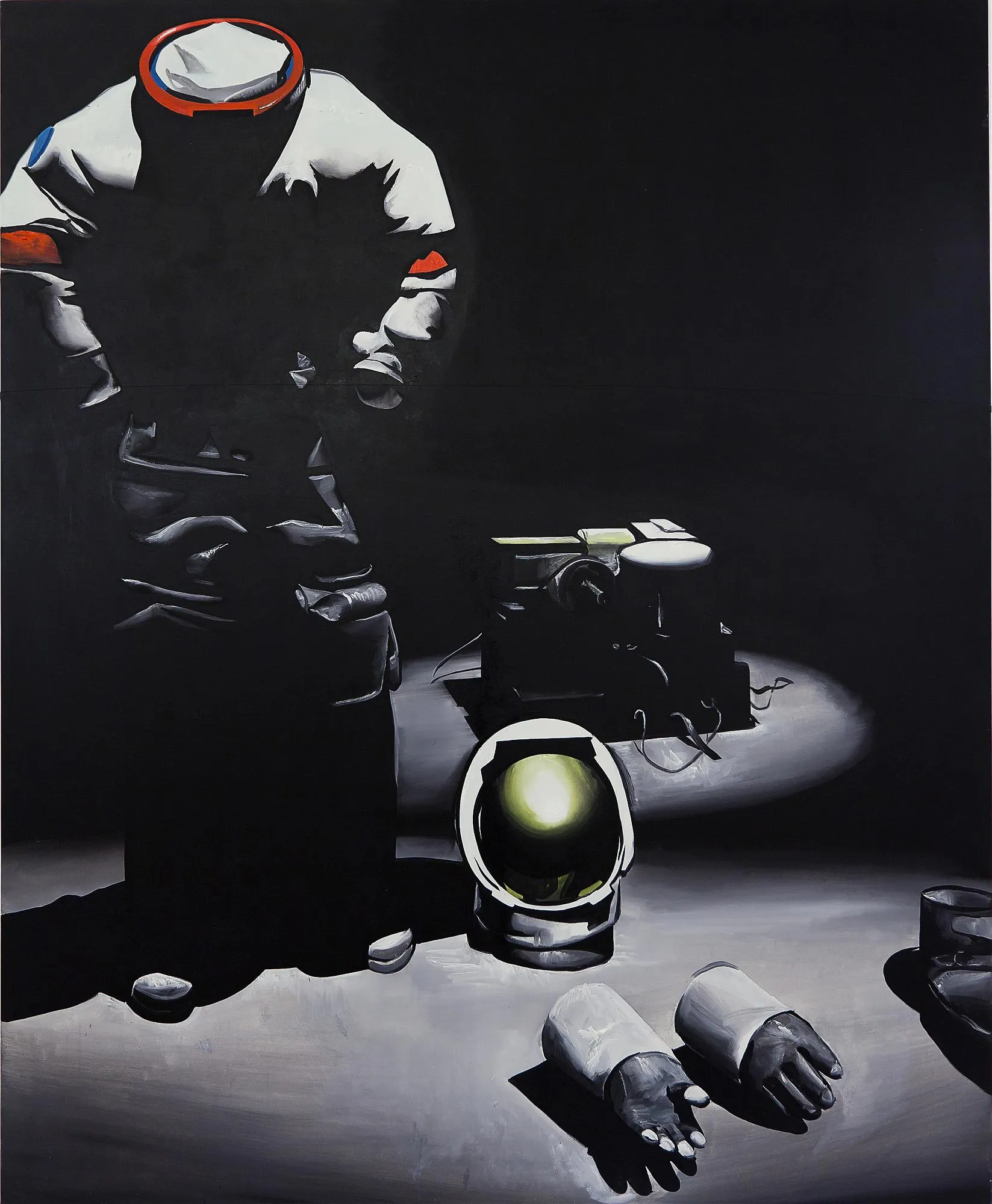A painting of an astronaut suit with a helmet and gloves on a dark surface